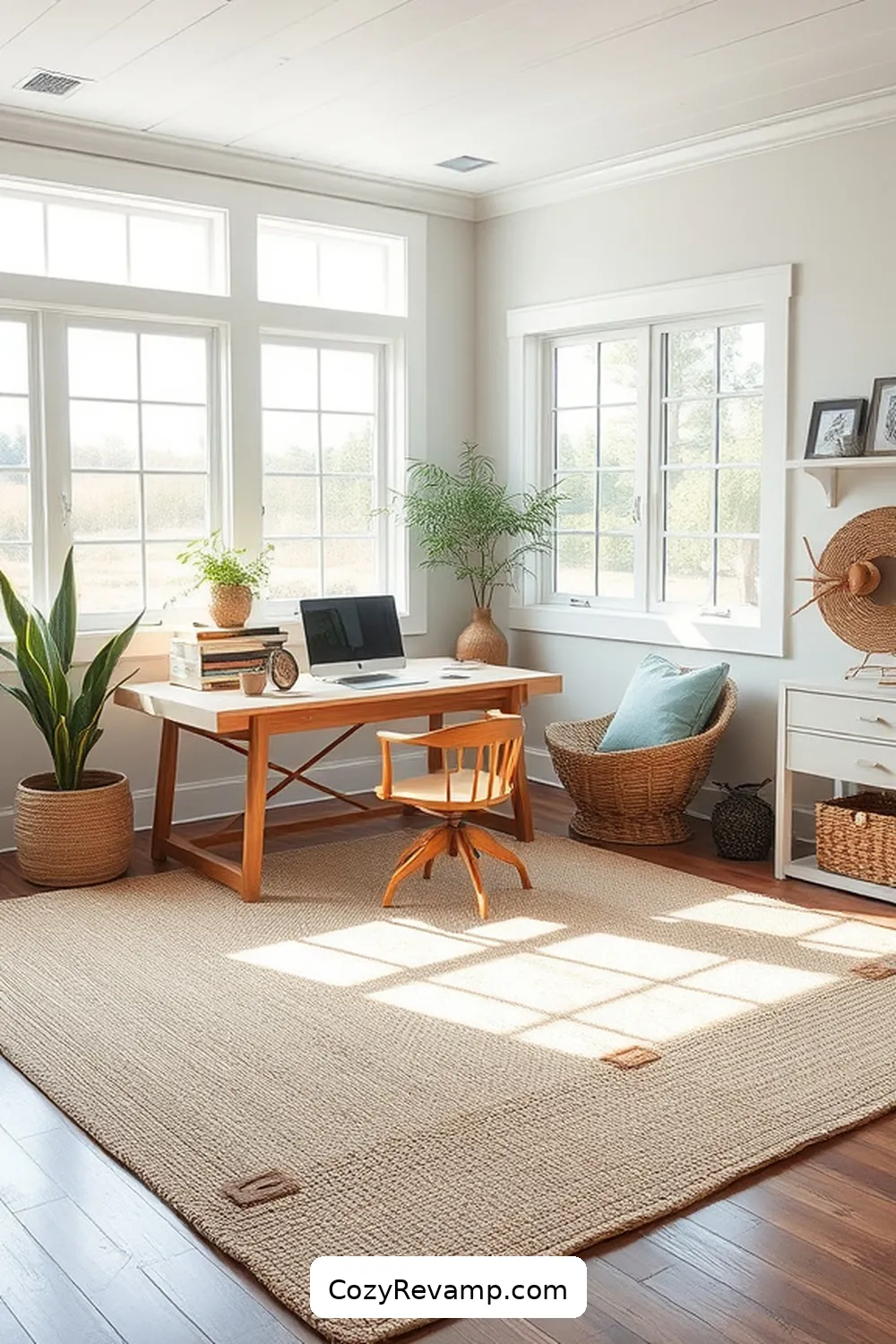 Choose Natural Fiber Rugs With Wood Accents for 21 Design Tips for Coastal Home Offices With Recycled Wood Materials