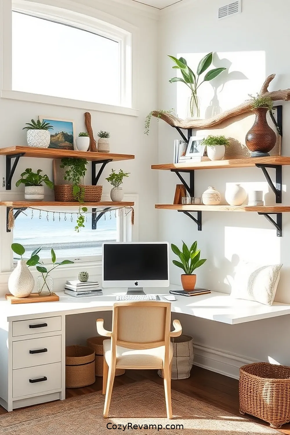 Incorporate Driftwood Shelves for 21 Design Tips for Coastal Home Offices With Recycled Wood Materials