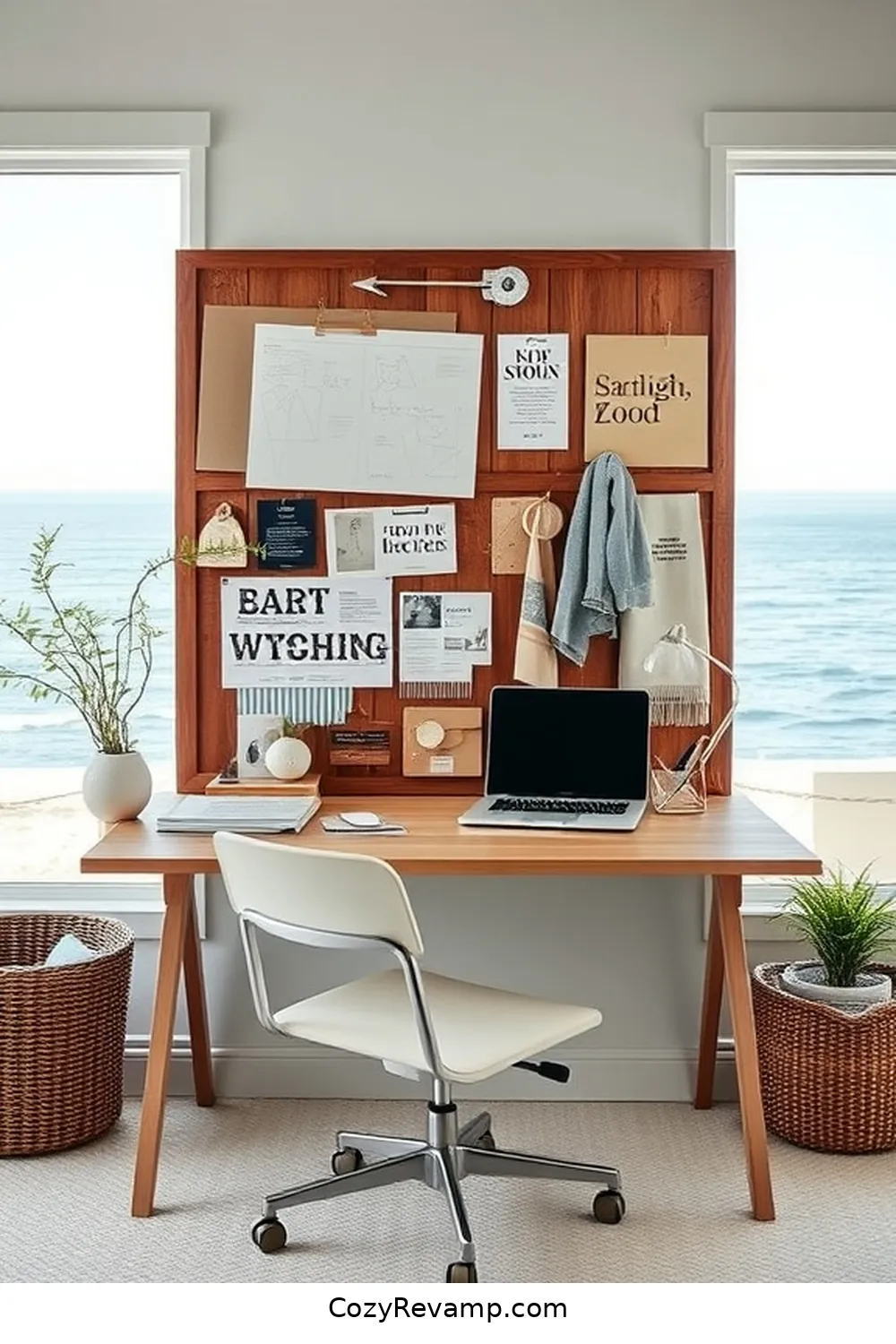 Incorporate a Reclaimed Wood Bulletin Board for 21 Design Tips for Coastal Home Offices With Recycled Wood Materials