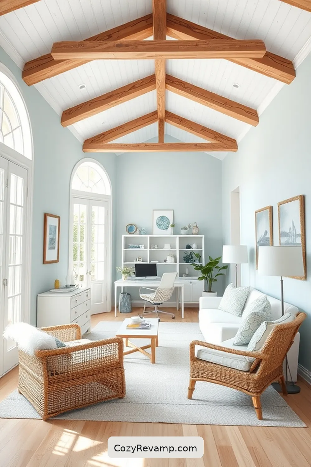 Install Wooden Beams for Coastal Vibes for 21 Design Tips for Coastal Home Offices With Recycled Wood Materials