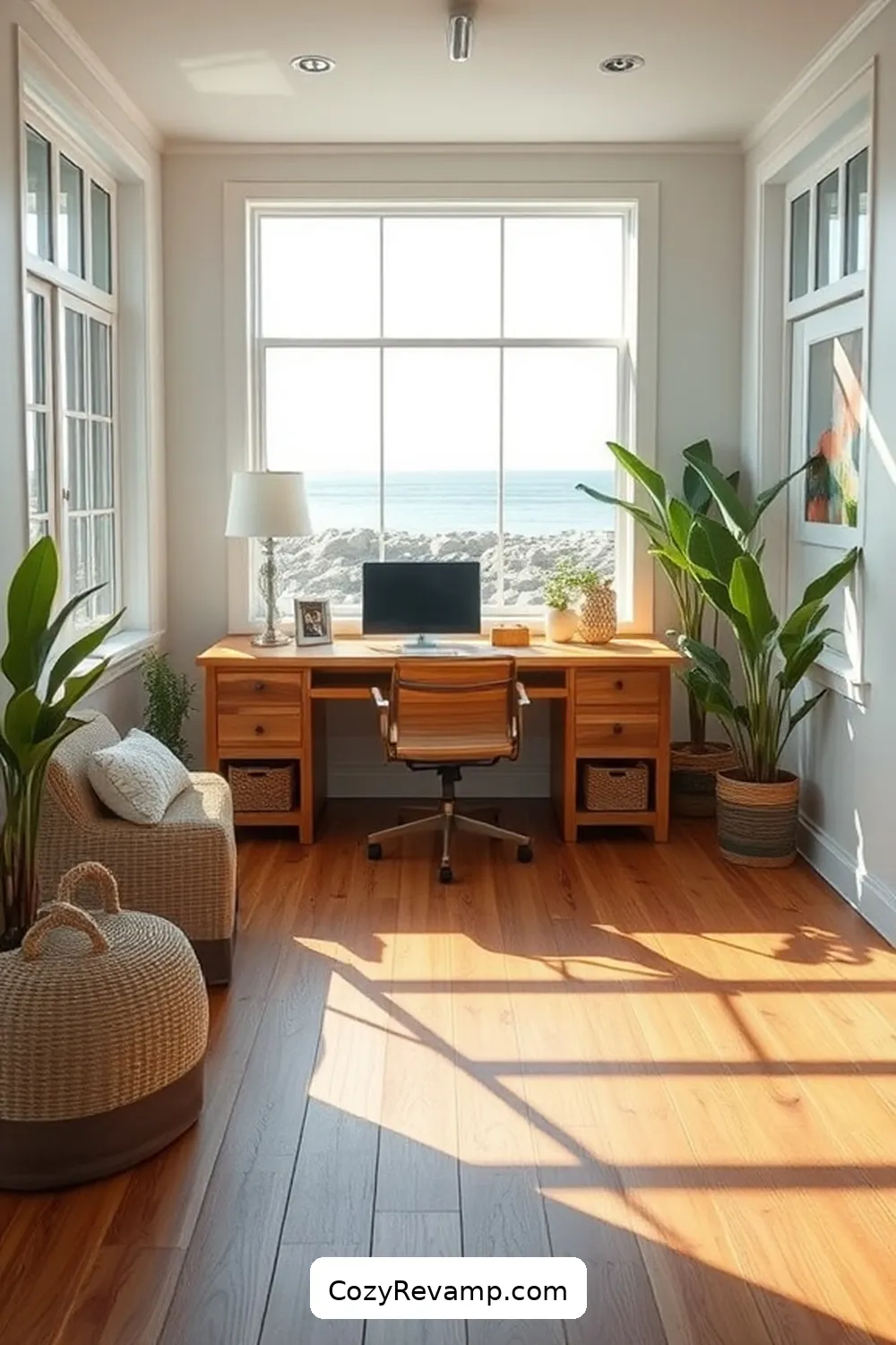 Select Sustainable Flooring Options for 21 Design Tips for Coastal Home Offices With Recycled Wood Materials
