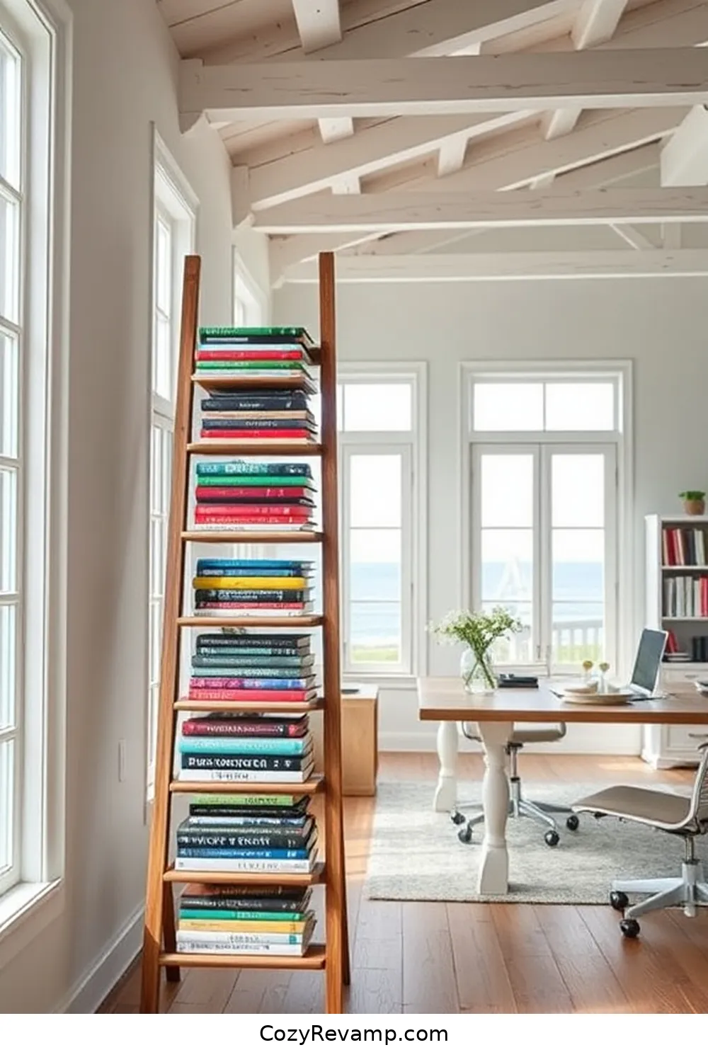 Use a Wood Ladder for Book Storage for 21 Design Tips for Coastal Home Offices With Recycled Wood Materials