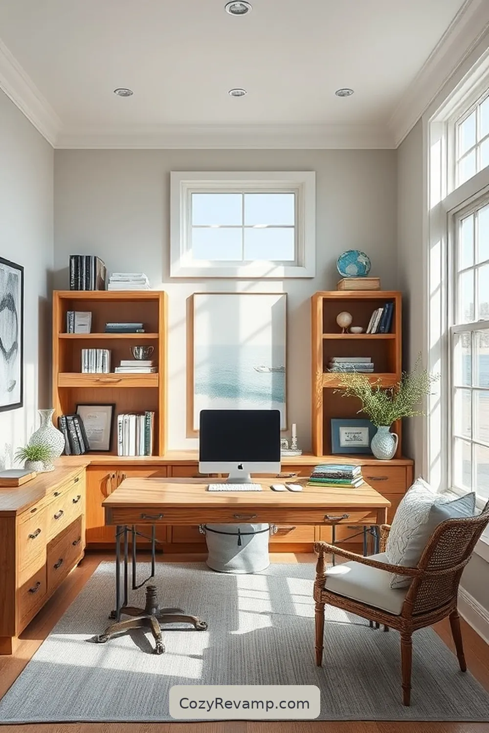Utilize Upcycled Wood Storage Solutions for 21 Design Tips for Coastal Home Offices With Recycled Wood Materials