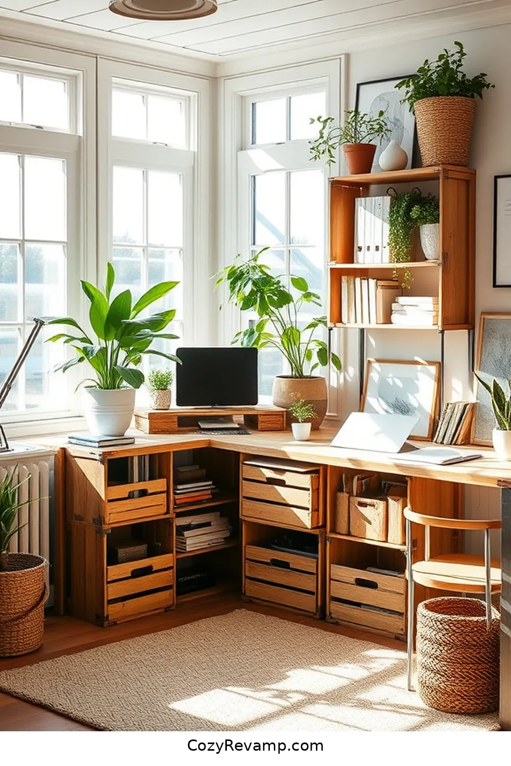 Utilize Wooden Crates for Organizing for 21 Design Tips for Coastal Home Offices With Recycled Wood Materials