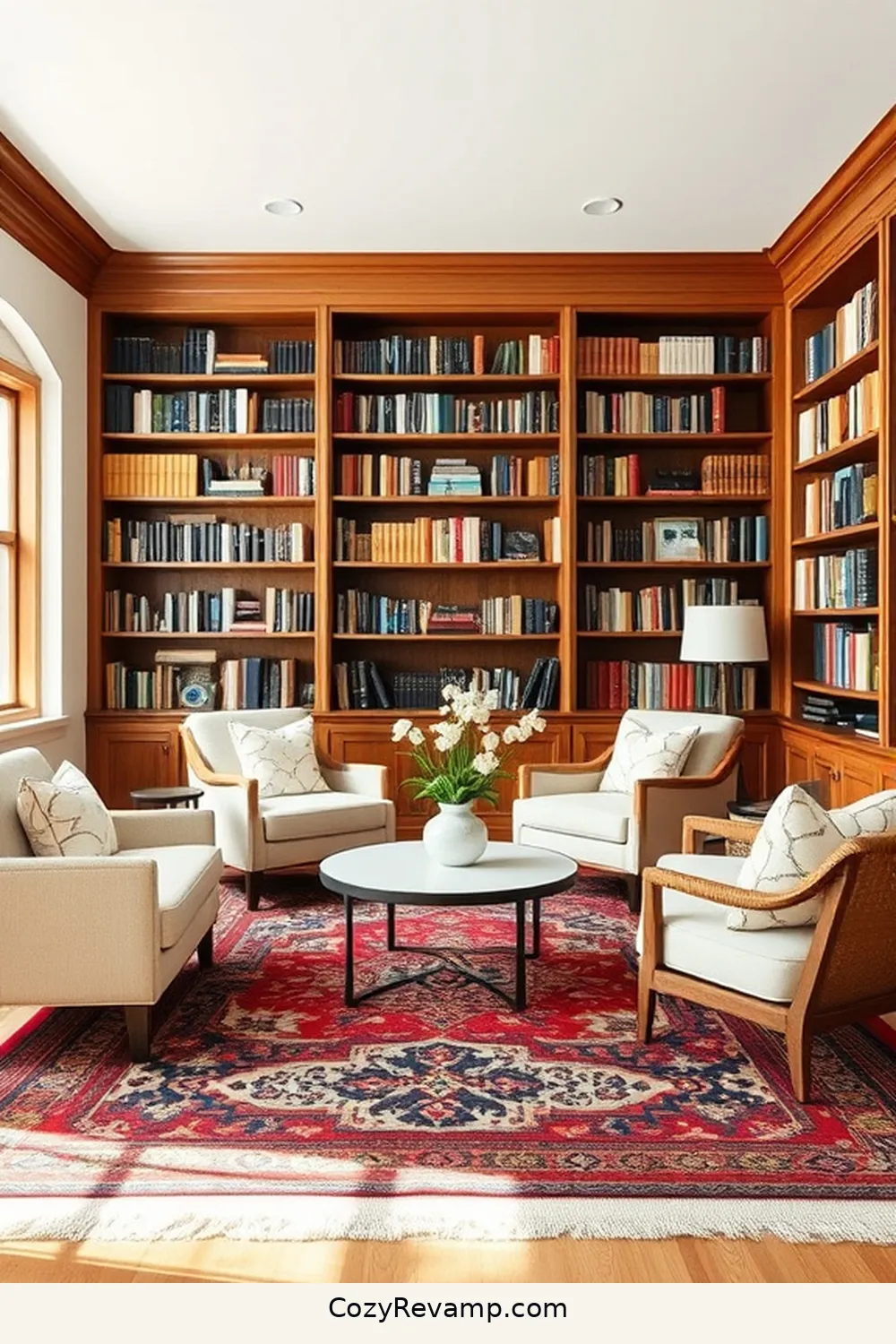 21 Essential Design Tips for a Modern Farmhouse Library With Organic Cotton Material 12 Include a Statement Rug for 21 Essential Design Tips for a Modern Farmhouse Library With Organic Cotton Material
