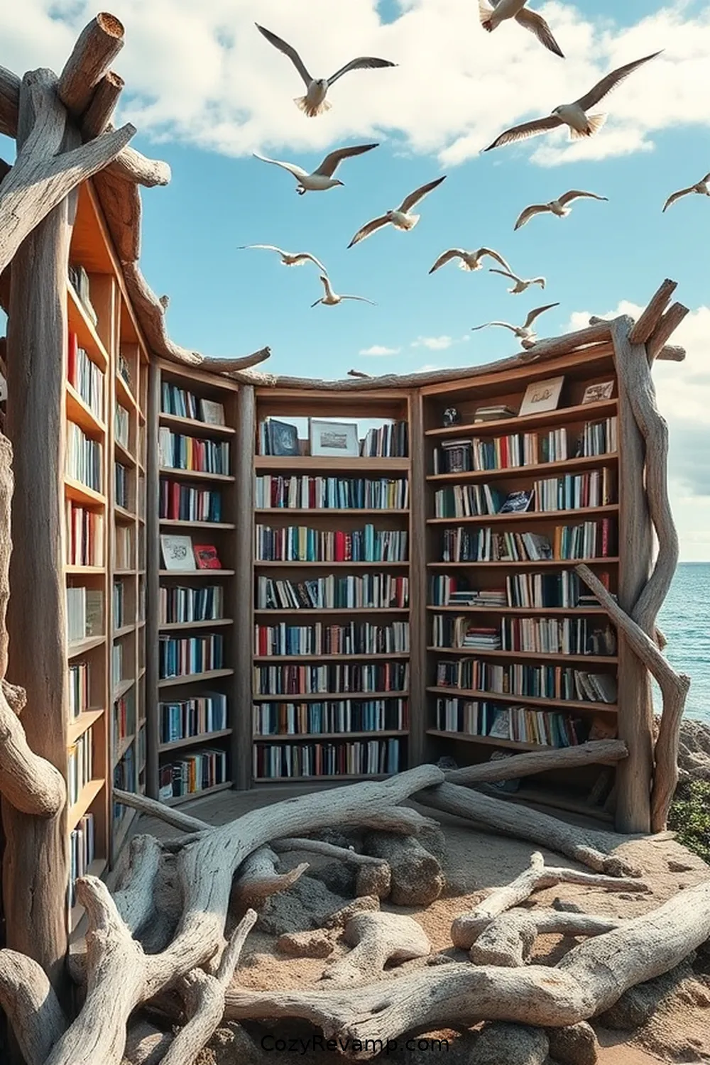 The Driftwood Library for 21 Inspiring Coastal Libraries With Reclaimed Materials