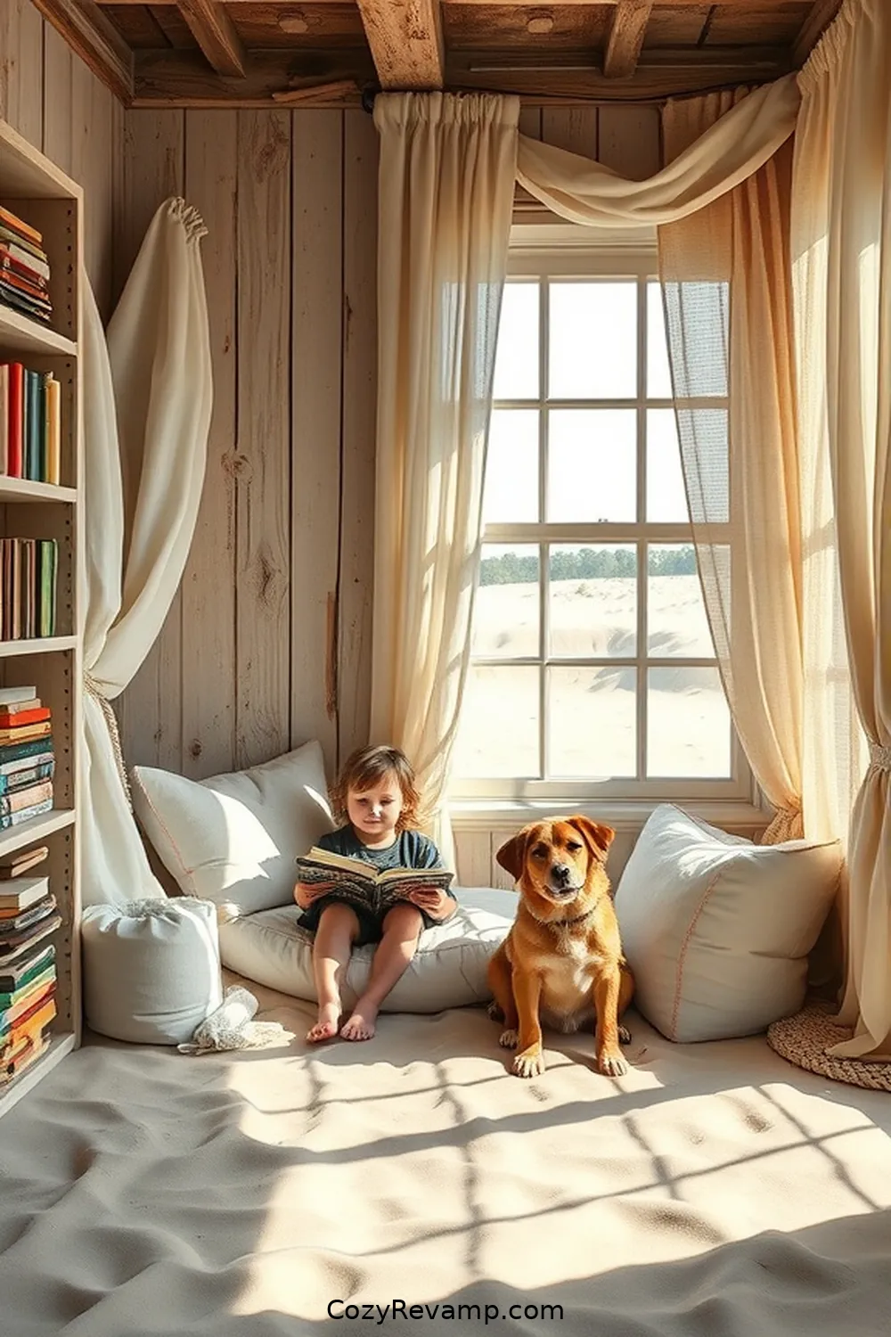 The Sand Dune Book Nook for 21 Inspiring Coastal Libraries With Reclaimed Materials
