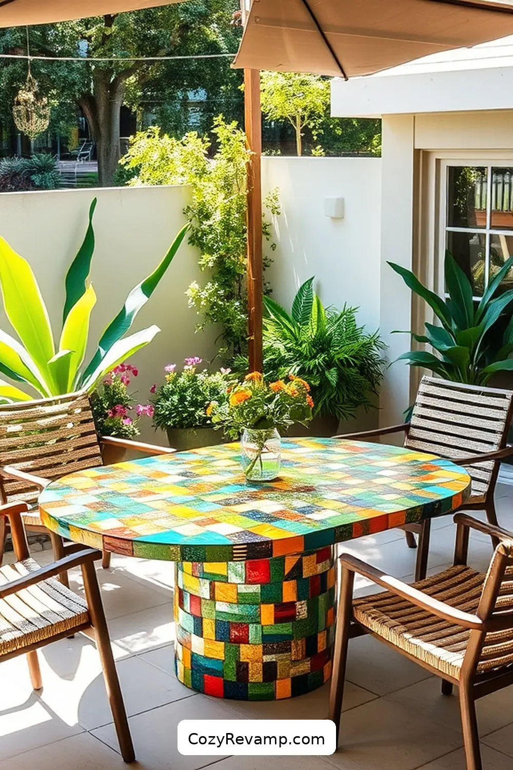 21 Inspiring Mid-Century Modern Outdoor Patio Ideas With Reclaimed Materials 9 Recycled Glass Mosaic Table for 21 Inspiring Mid-Century Modern Outdoor Patio Ideas With Reclaimed Materials