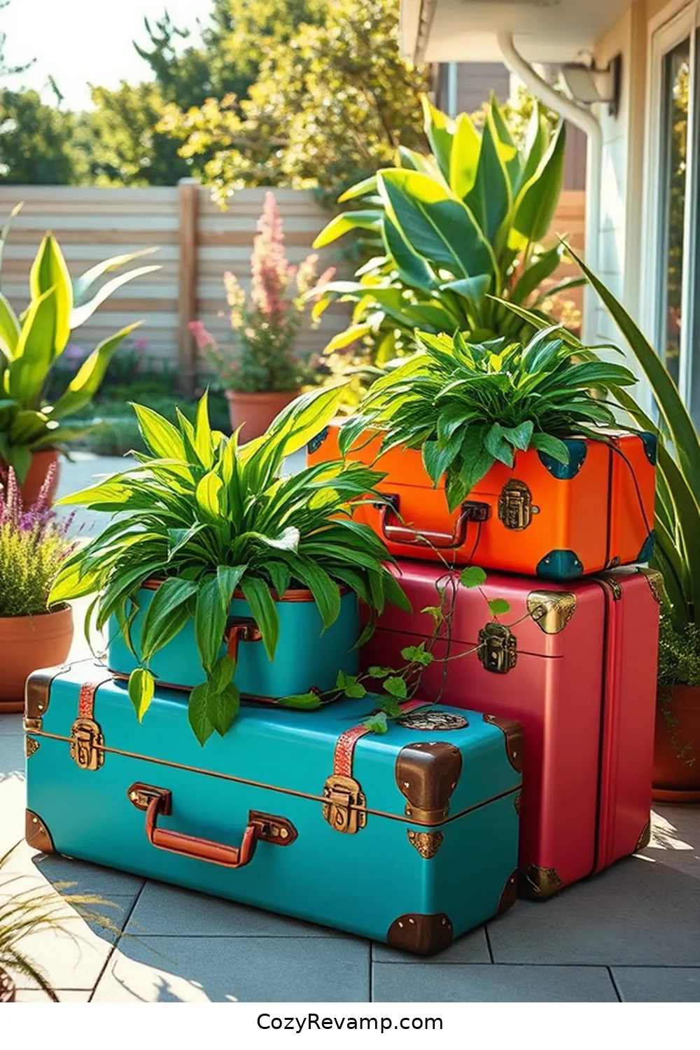 21 Inspiring Mid-Century Modern Outdoor Patio Ideas With Reclaimed Materials 12 Vintage Suitcase Planters for 21 Inspiring Mid-Century Modern Outdoor Patio Ideas With Reclaimed Materials