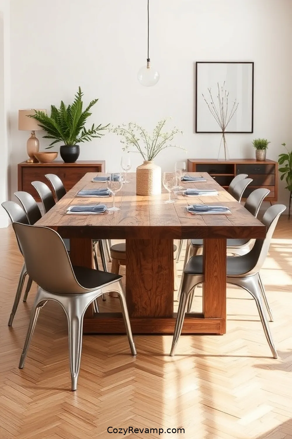 Rustic Reclaimed Wood Table With Modern Accents for 21 Inspiring Minimalist Dining Rooms With Reclaimed Materials