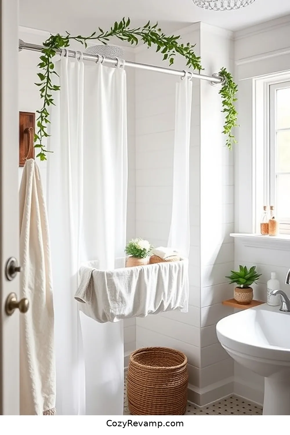 21 Inspiring Modern Farmhouse Bathroom Ideas With Upcycled Fabric Materials 12 11. Upcycled Fabric Shower Caddy for 21 Inspiring Modern Farmhouse Bathroom Ideas With Upcycled Fabric Materials