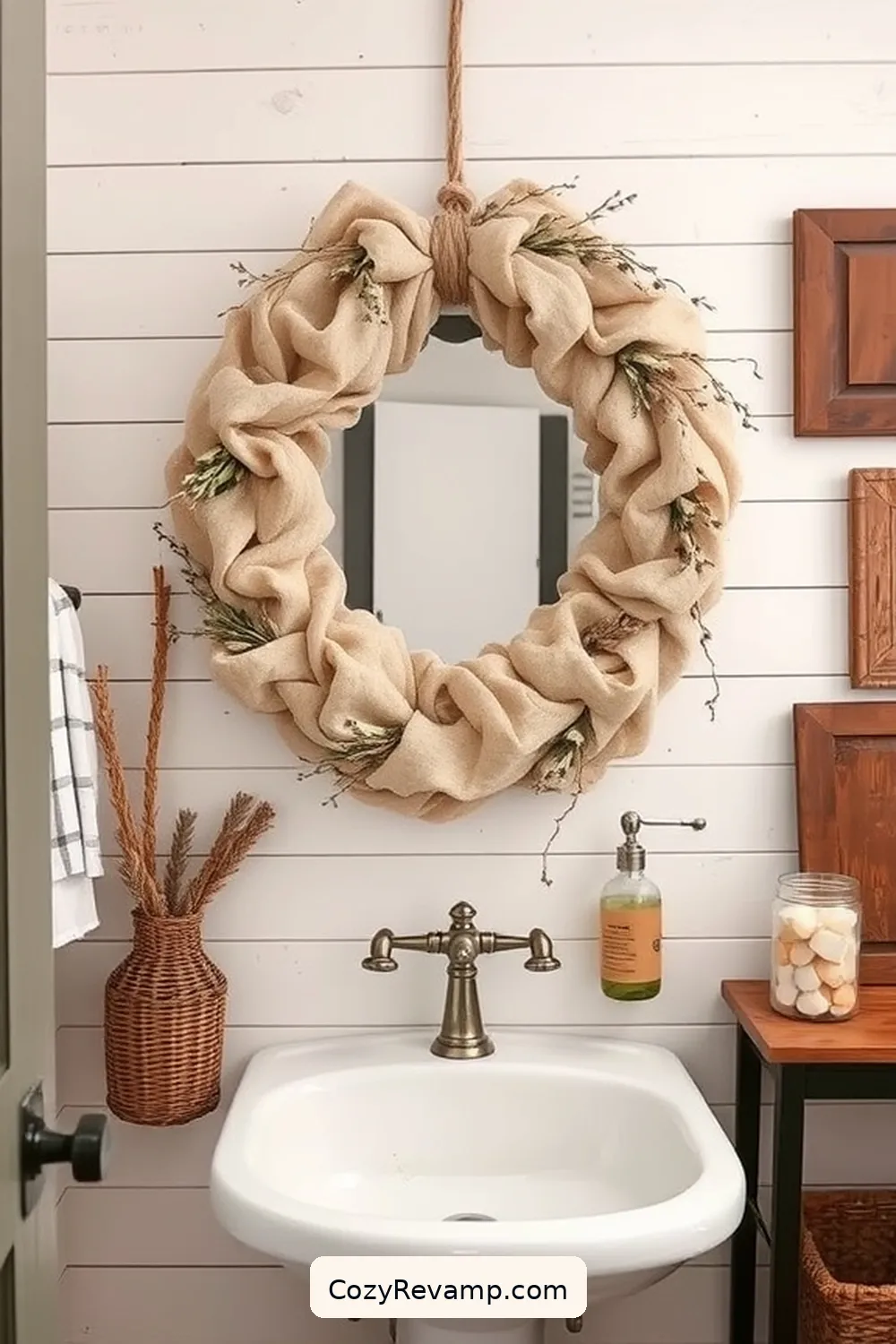 21 Inspiring Modern Farmhouse Bathroom Ideas With Upcycled Fabric Materials 14 13. Rustic Fabric Wreaths for 21 Inspiring Modern Farmhouse Bathroom Ideas With Upcycled Fabric Materials