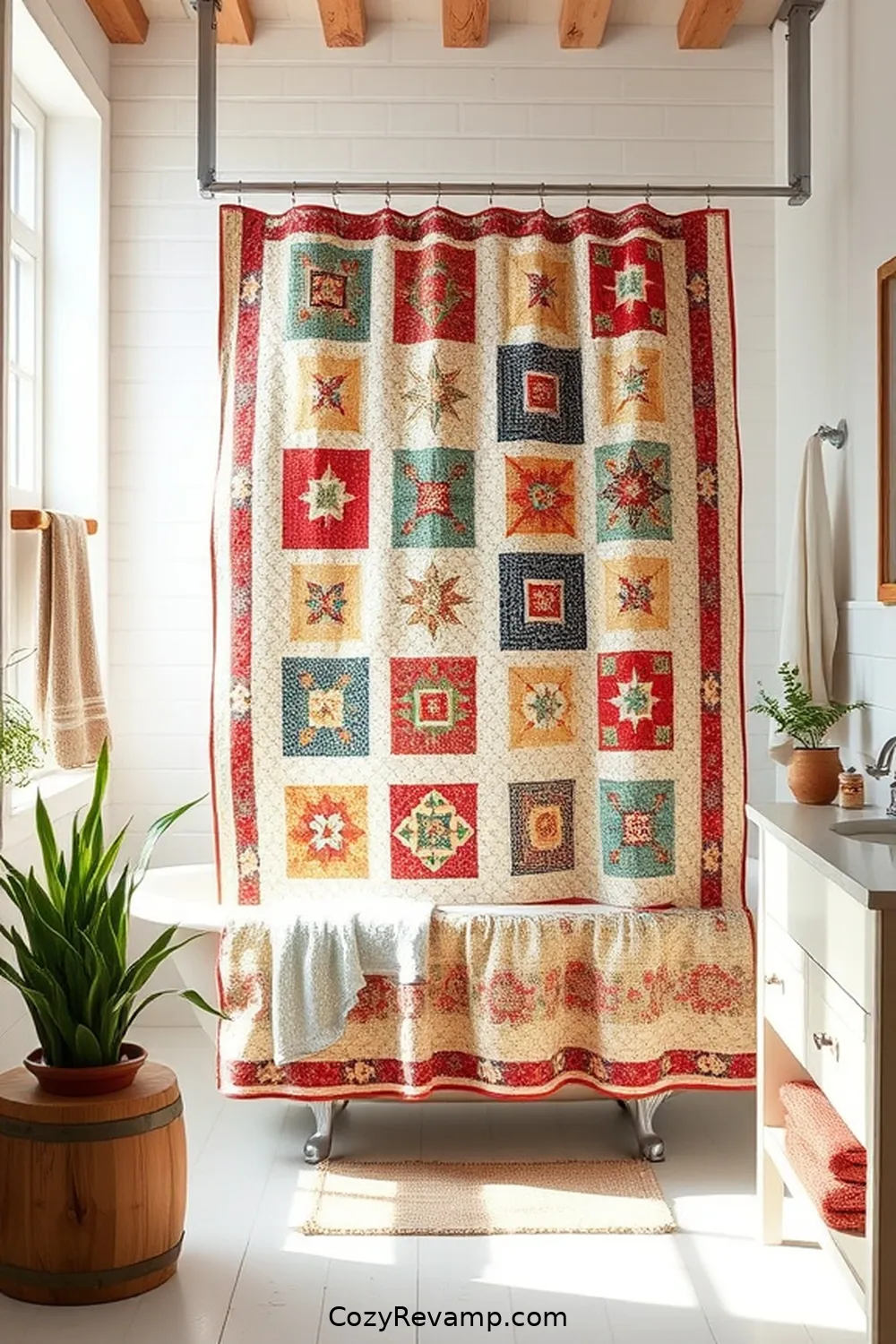 21 Inspiring Modern Farmhouse Bathroom Ideas With Upcycled Fabric Materials 17 16. Vintage Quilt Shower Curtain for 21 Inspiring Modern Farmhouse Bathroom Ideas With Upcycled Fabric Materials