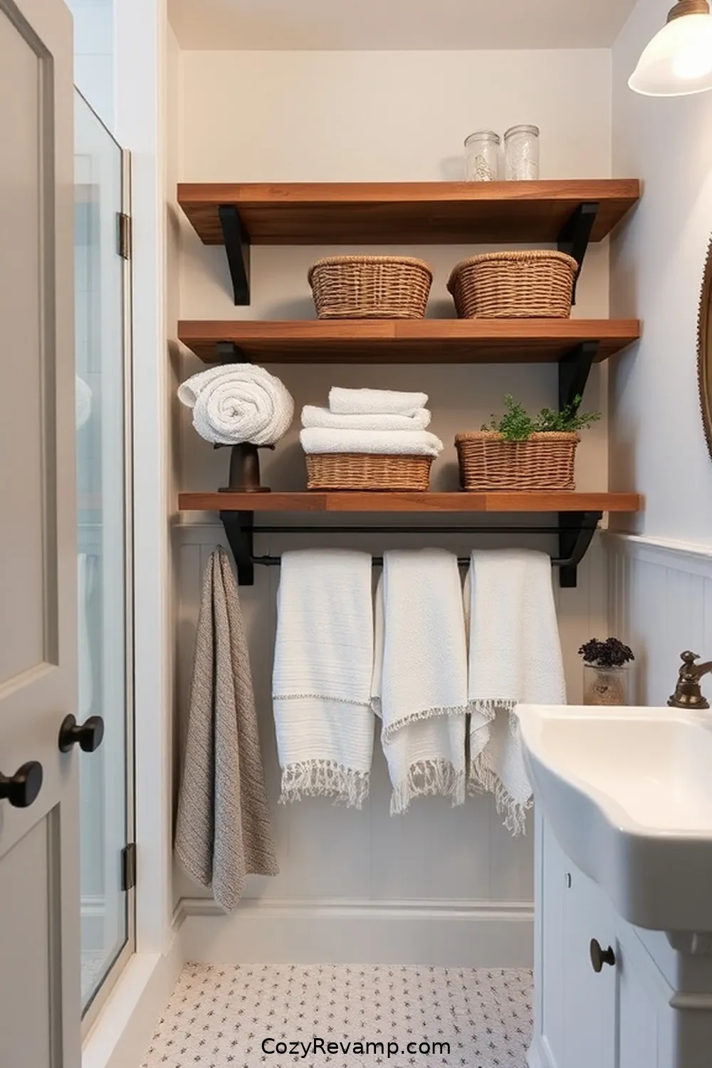 21 Inspiring Modern Farmhouse Bathroom Ideas With Upcycled Fabric Materials 3 2. Repurposed Towel Storage Solutions for 21 Inspiring Modern Farmhouse Bathroom Ideas With Upcycled Fabric Materials