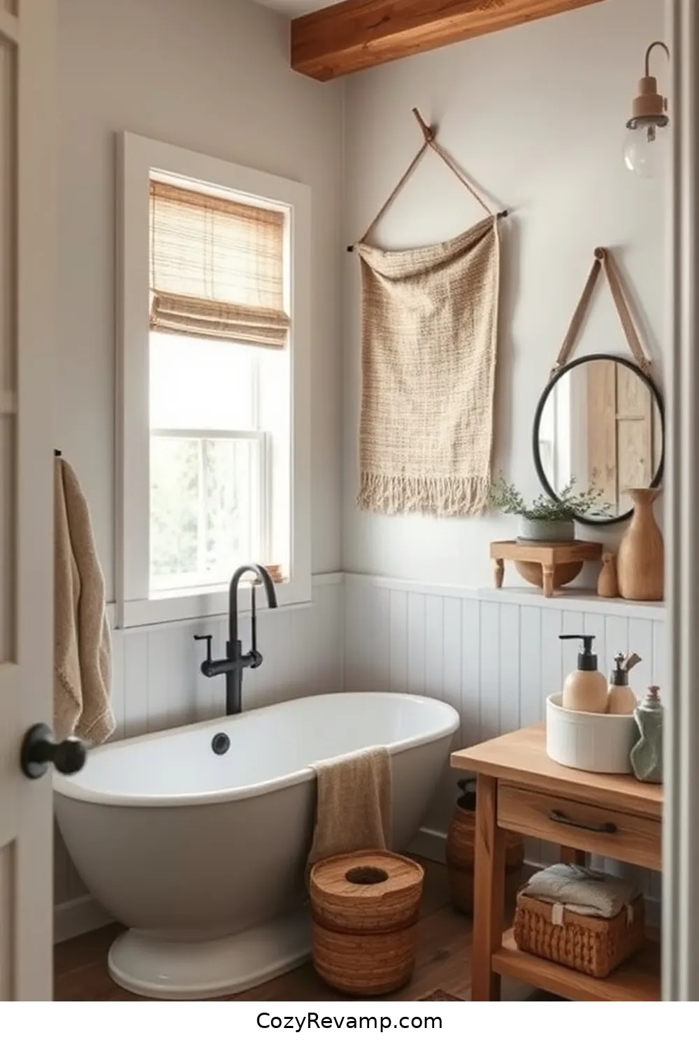 21 Inspiring Modern Farmhouse Bathroom Ideas With Upcycled Fabric Materials 22 21. Textured Fabric Wall Hangings for 21 Inspiring Modern Farmhouse Bathroom Ideas With Upcycled Fabric Materials