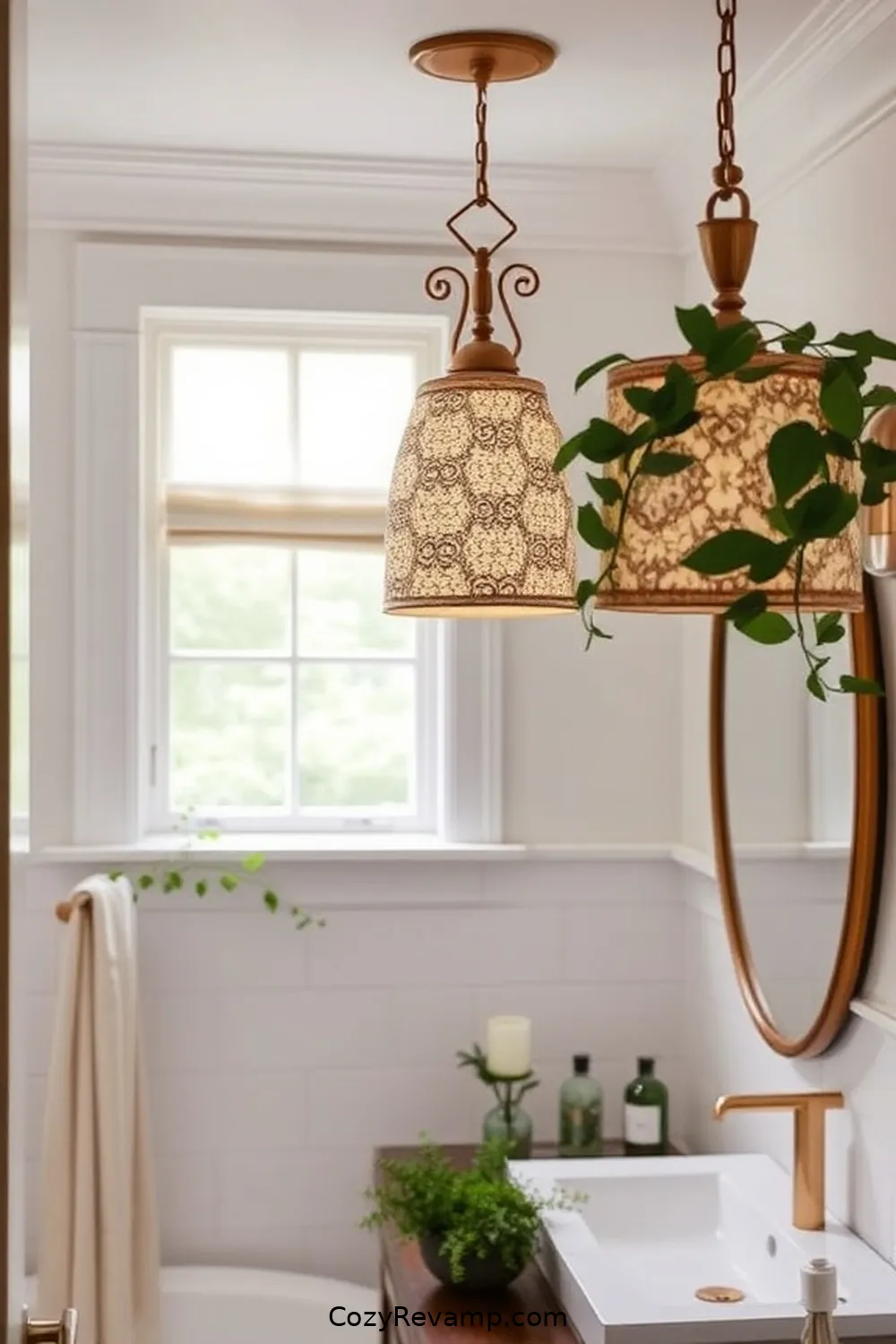 21 Inspiring Modern Farmhouse Bathroom Ideas With Upcycled Fabric Materials 6 5. Fabric-Covered Light Fixtures for 21 Inspiring Modern Farmhouse Bathroom Ideas With Upcycled Fabric Materials