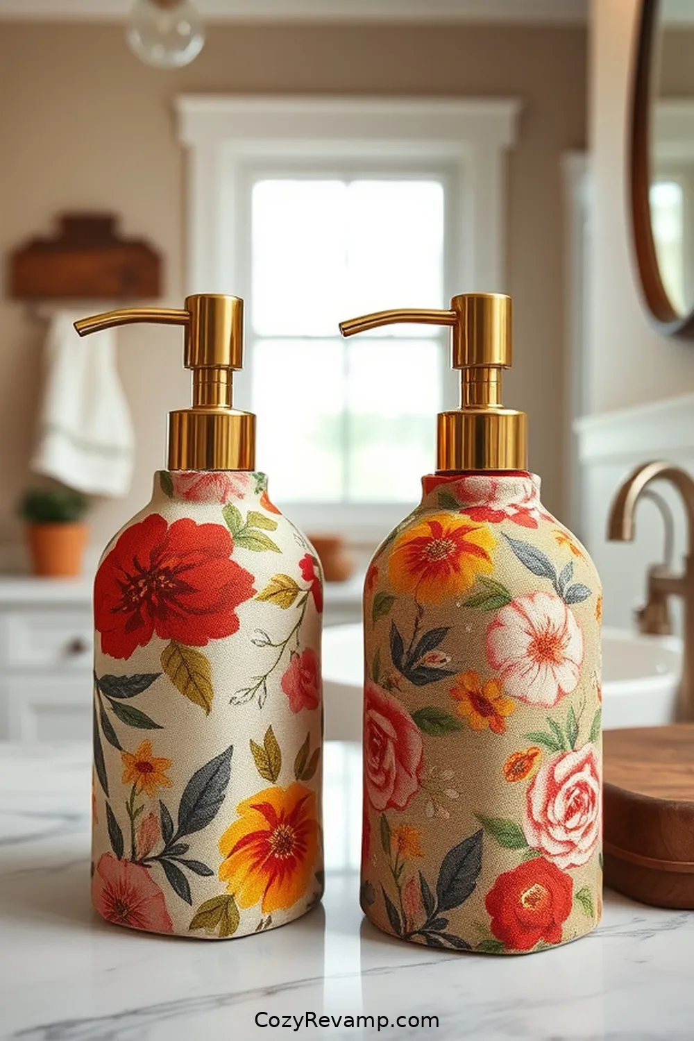 21 Inspiring Modern Farmhouse Bathroom Ideas With Upcycled Fabric Materials 7 6. Upcycled Fabric Soap Dispenser Wraps for 21 Inspiring Modern Farmhouse Bathroom Ideas With Upcycled Fabric Materials