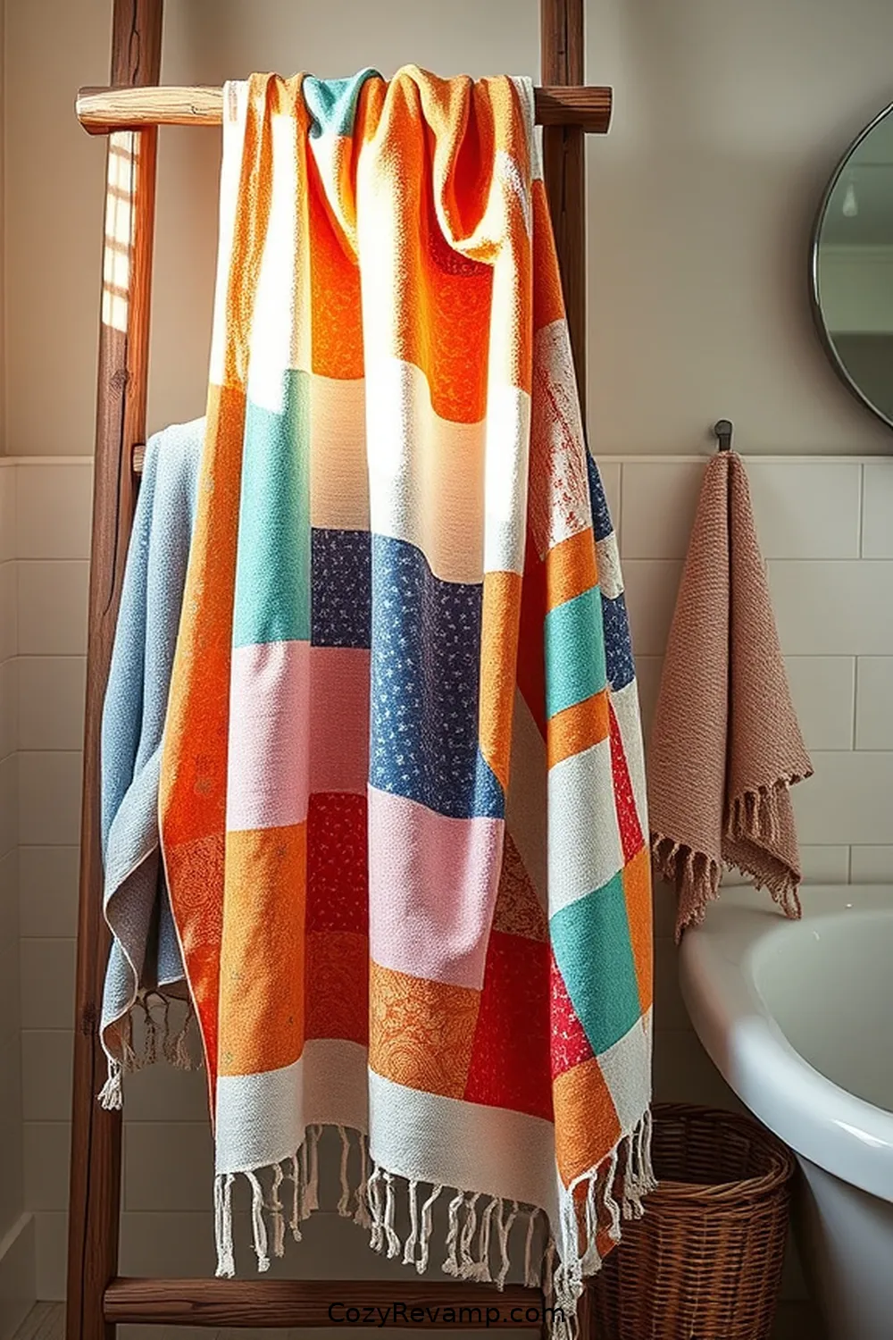 21 Inspiring Modern Farmhouse Bathroom Ideas With Upcycled Fabric Materials 8 7. Patchwork Shower Towels for 21 Inspiring Modern Farmhouse Bathroom Ideas With Upcycled Fabric Materials