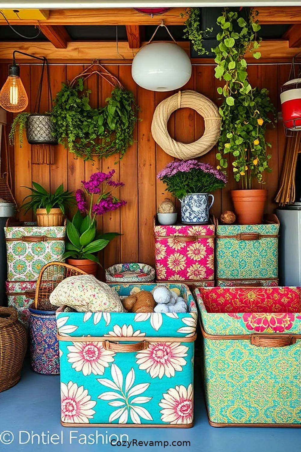 21 Ways to Create a Bohemian Garage With Upcycled Fabric Material 4 DIY Fabric-Covered Storage Bins for 21 Ways to Create a Bohemian Garage With Upcycled Fabric Material