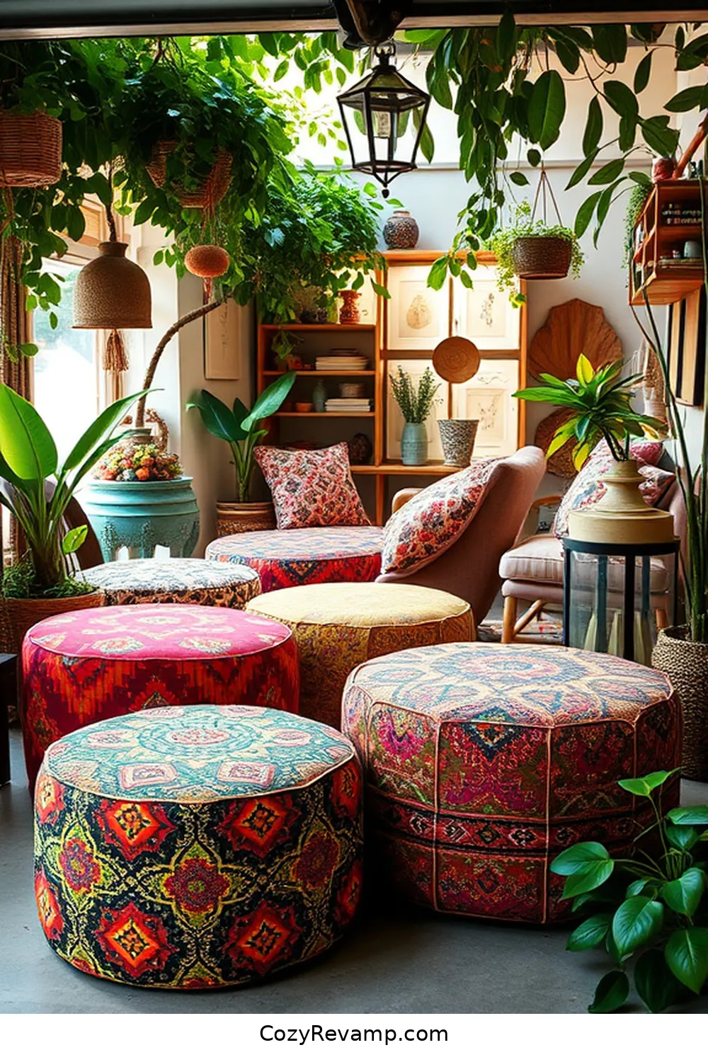 21 Ways to Create a Bohemian Garage With Upcycled Fabric Material 18 Funky Fabric Poufs for Seating for 21 Ways to Create a Bohemian Garage With Upcycled Fabric Material