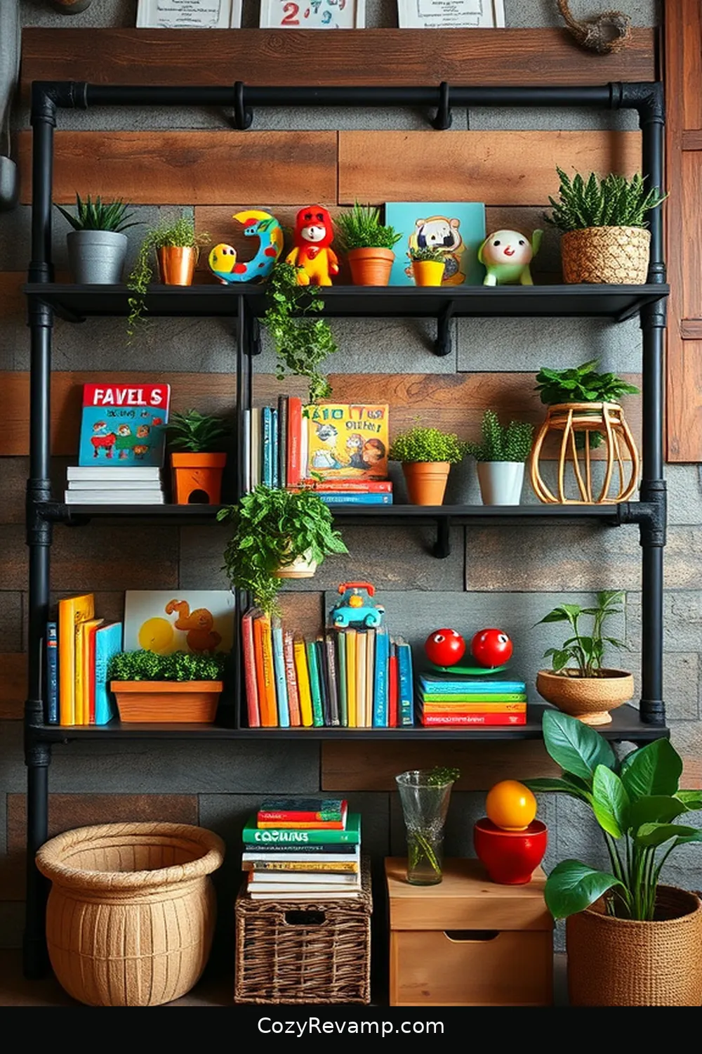 22 Clever Ideas for an Industrial Nursery Featuring Reclaimed Materials 4 Industrial Pipe Shelving for 22 Clever Ideas for an Industrial Nursery Featuring Reclaimed Materials
