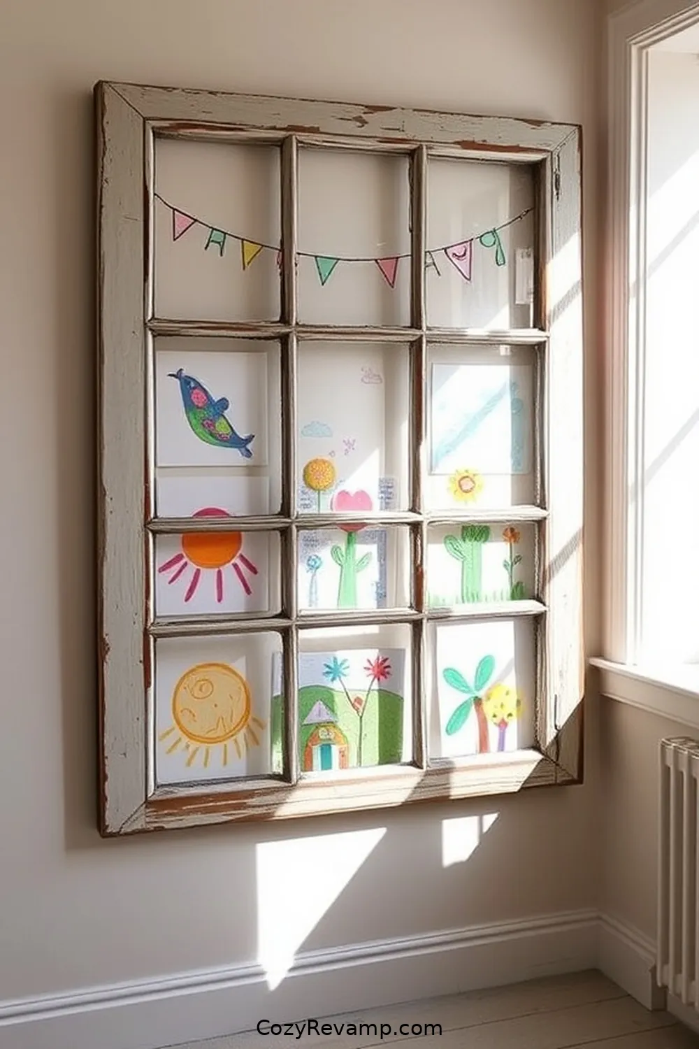 22 Clever Ideas for an Industrial Nursery Featuring Reclaimed Materials 14 Old Window Frame Art Display for 22 Clever Ideas for an Industrial Nursery Featuring Reclaimed Materials