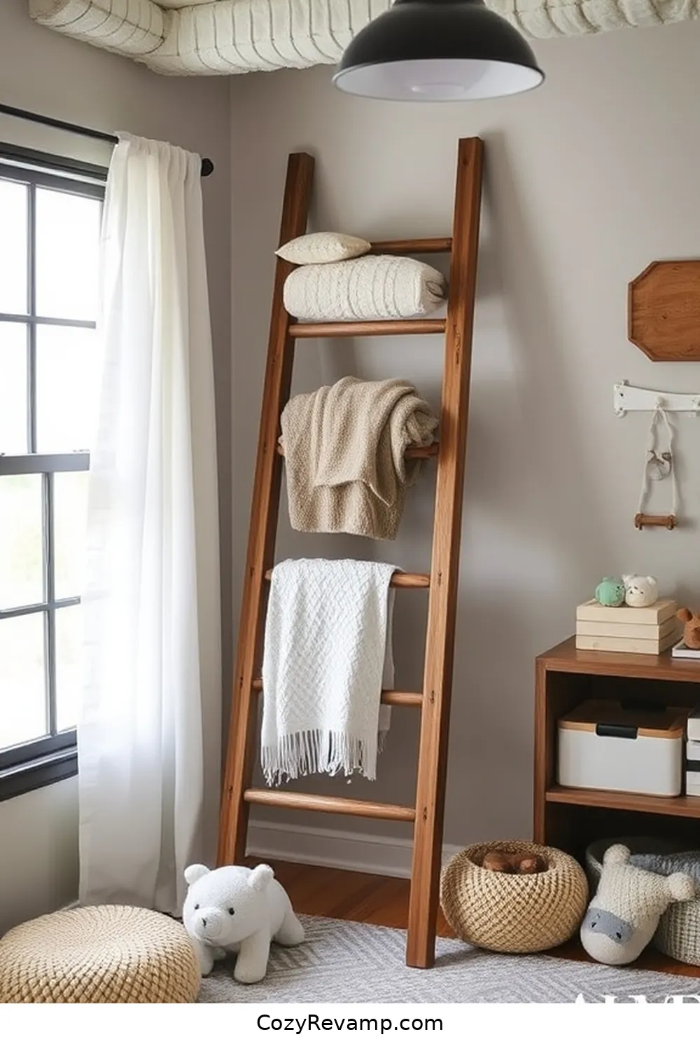 22 Clever Ideas for an Industrial Nursery Featuring Reclaimed Materials 16 Vintage Ladder Blanket Rack for 22 Clever Ideas for an Industrial Nursery Featuring Reclaimed Materials