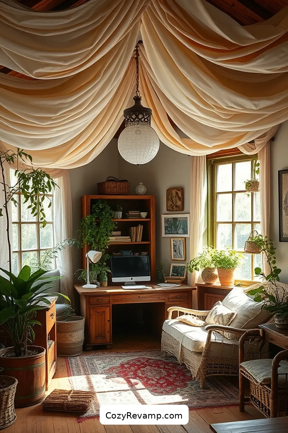 Create a Dreamy Canopy With Vintage Fabrics for 22 Essential Tips for a Bohemian Home Office Using Reclaimed Materials