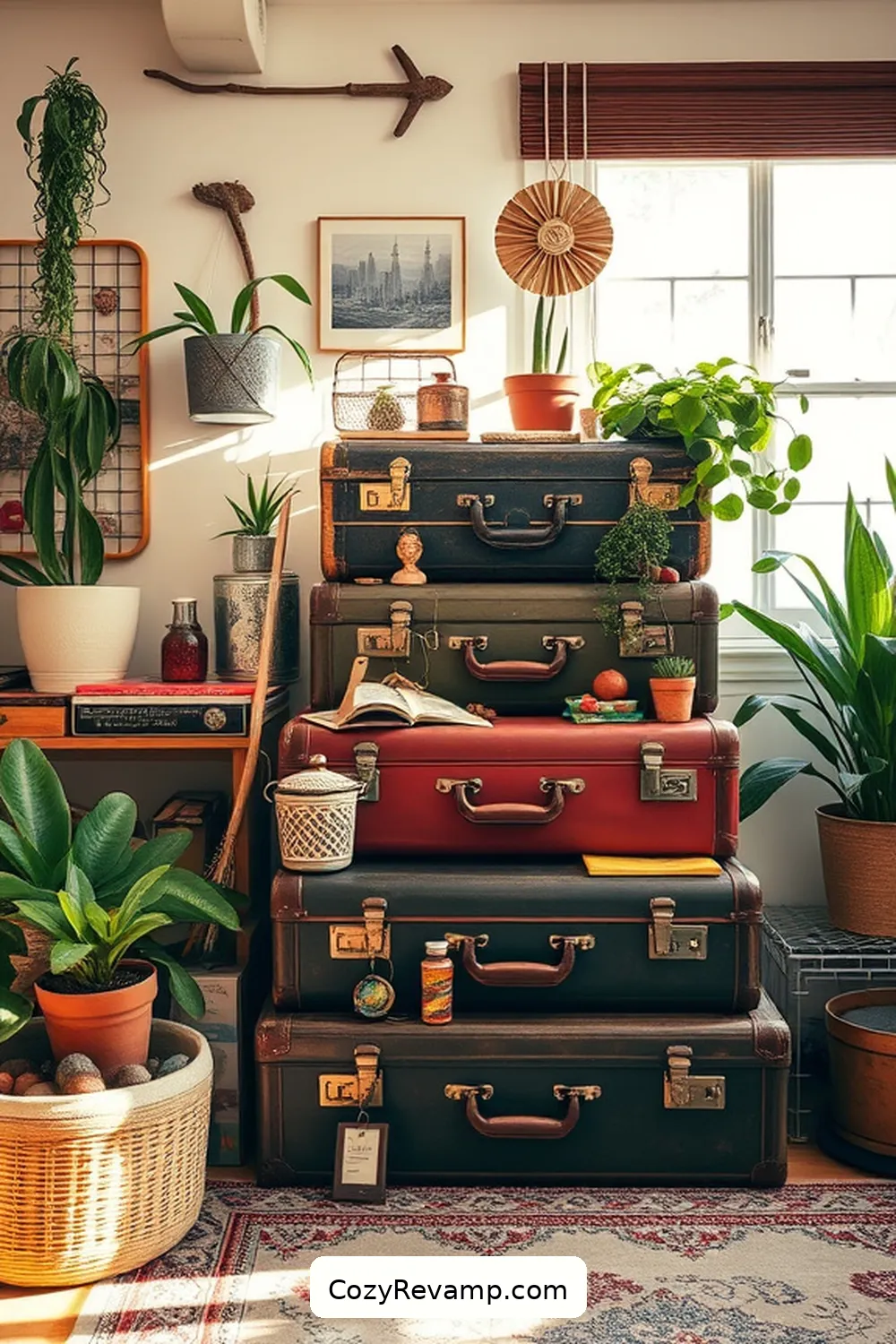 Display Treasures in Vintage Suitcases for 22 Essential Tips for a Bohemian Home Office Using Reclaimed Materials