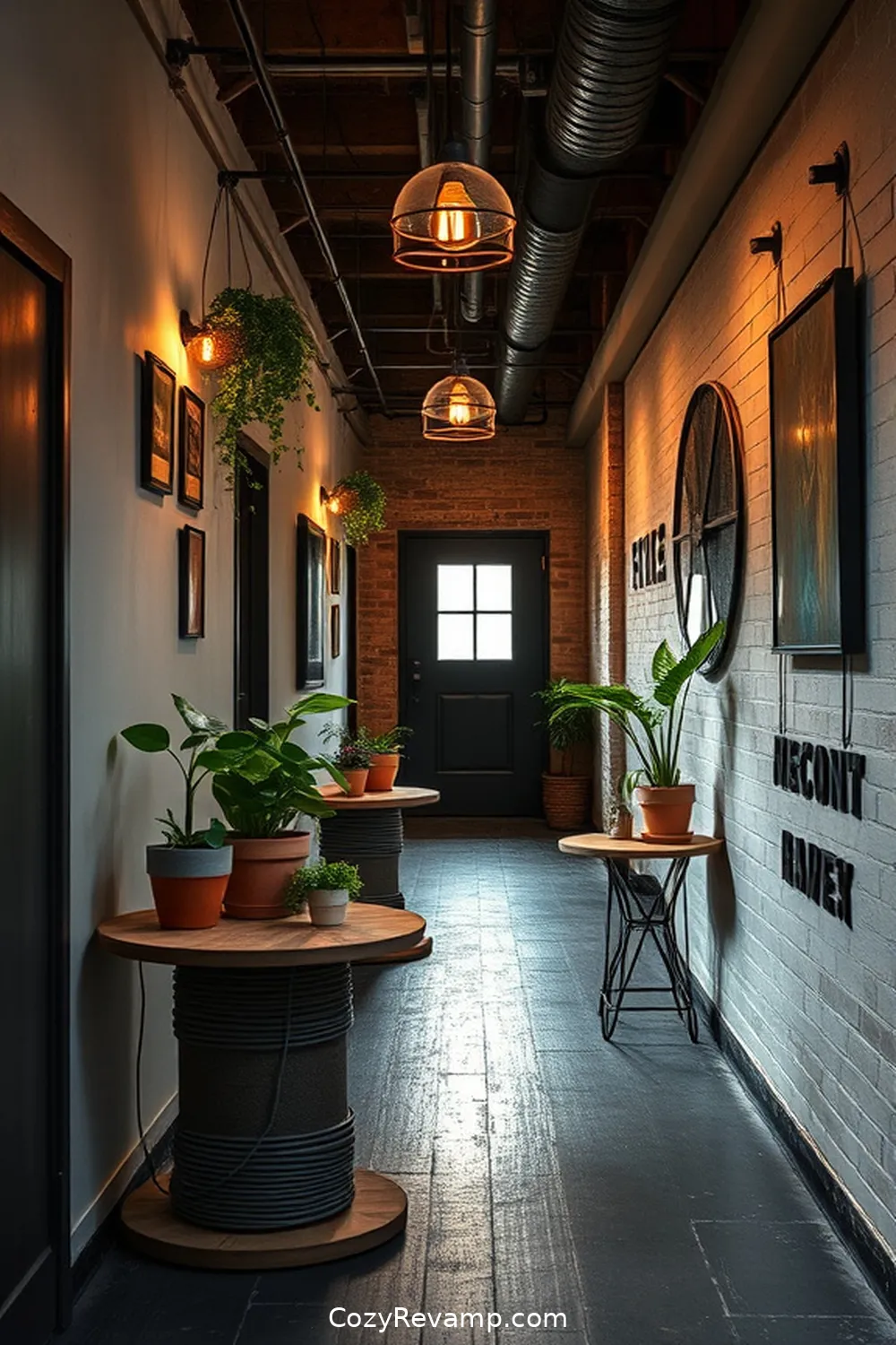 Upcycled Cable Spools as Tables for 22 Inspiring Designs for Industrial Hallways Using Reclaimed Materials