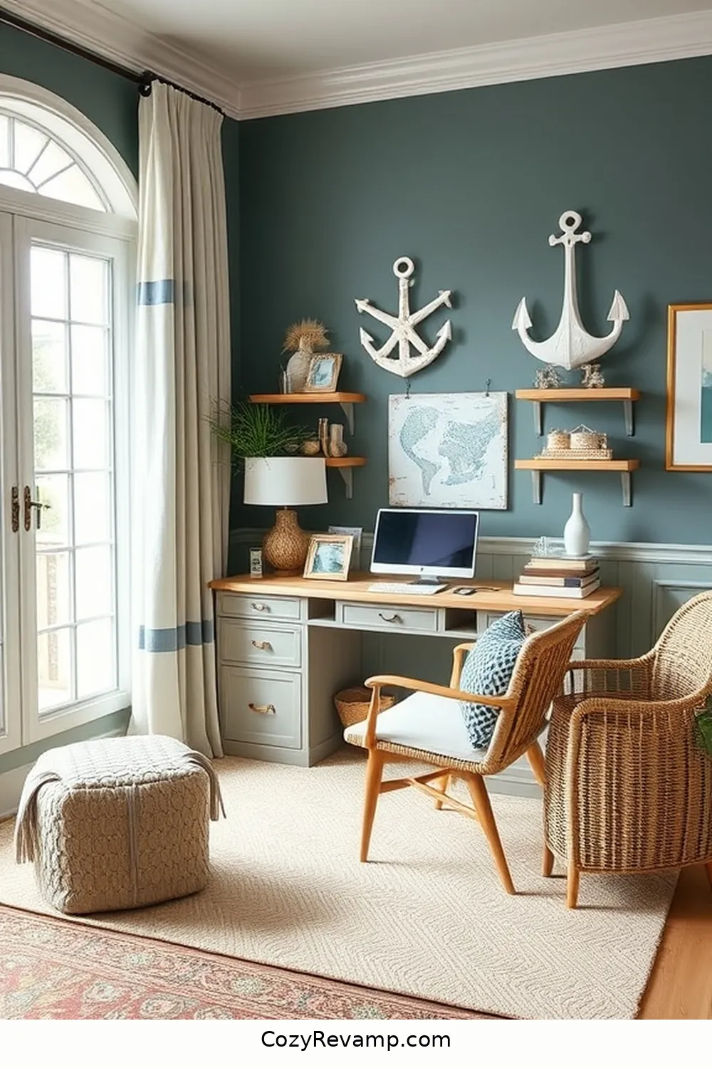 22 Stylish Ideas for a Coastal Home Office With Cork Material 13 Mix Cork With Nautical Colors for 22 Stylish Ideas for a Coastal Home Office With Cork Material