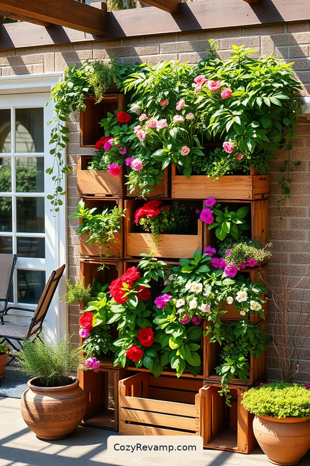 22 Ways to Create a Bohemian Outdoor Patio With Recycled Wood Material 4 Create a Vertical Garden With Wooden Crates for 22 Ways to Create a Bohemian Outdoor Patio With Recycled Wood Material