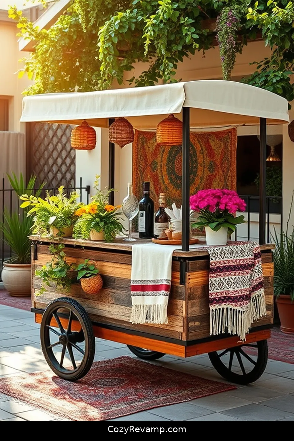 22 Ways to Create a Bohemian Outdoor Patio With Recycled Wood Material 14 Design a Mobile Wooden Cart for Outdoor Entertaining for 22 Ways to Create a Bohemian Outdoor Patio With Recycled Wood Material