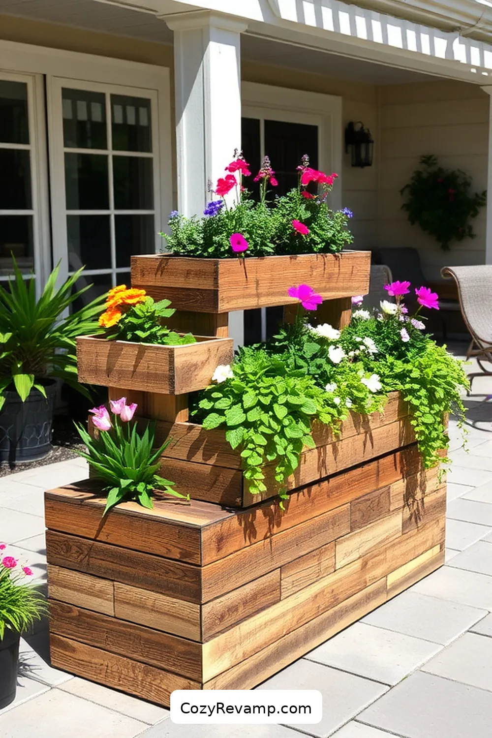 22 Ways to Create a Bohemian Outdoor Patio With Recycled Wood Material 10 Design a Multi-Level Planter Box With Recycled Wood for 22 Ways to Create a Bohemian Outdoor Patio With Recycled Wood Material
