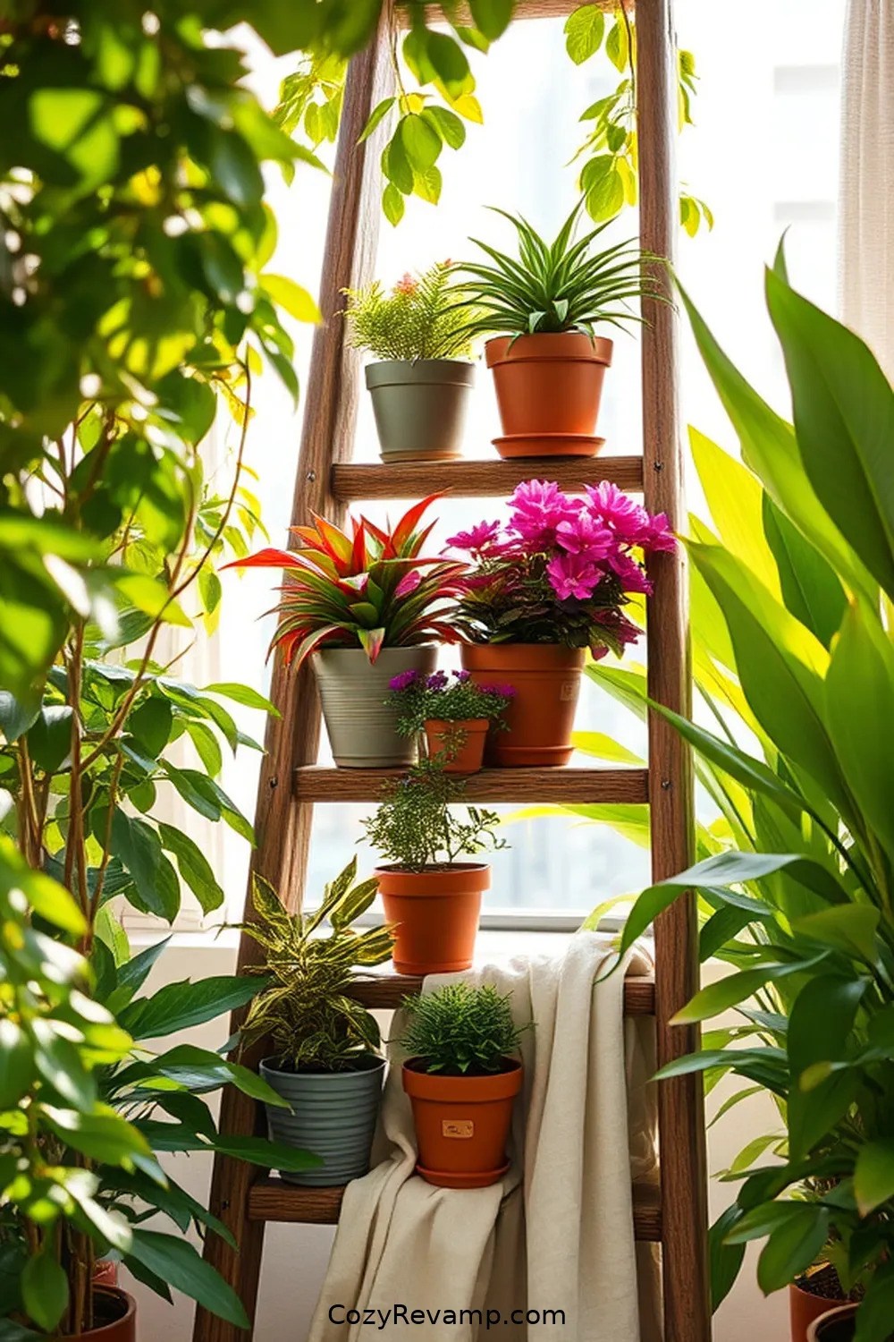 22 Ways to Create a Bohemian Outdoor Patio With Recycled Wood Material 19 Make a Wooden Ladder for Plant Display for 22 Ways to Create a Bohemian Outdoor Patio With Recycled Wood Material