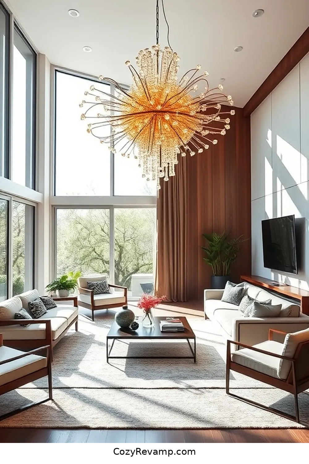 Create a Focal Point With a Solar Chandelier for 22 Ways to Incorporate Solar-Powered Lights in Your Mid-Century Modern Living Room