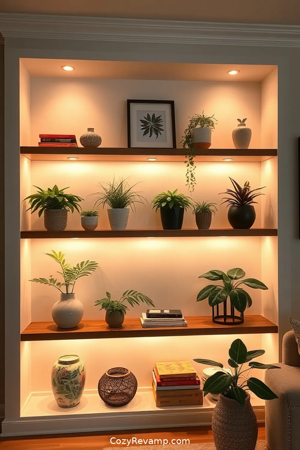Incorporate Solar Lighting in Built-in Shelves for 22 Ways to Incorporate Solar-Powered Lights in Your Mid-Century Modern Living Room