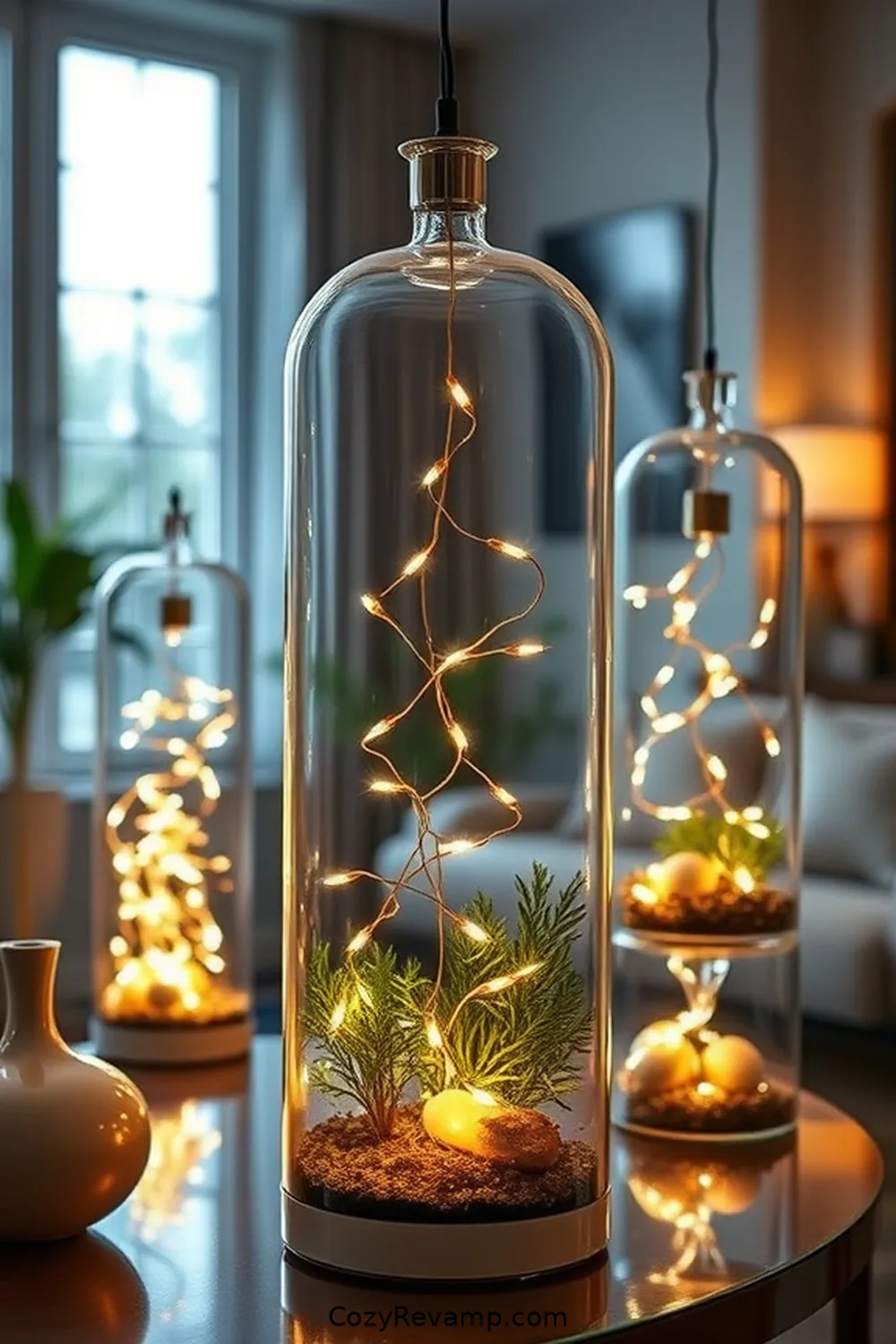 Use Solar Fairy Lights in Glass Terrariums for 22 Ways to Incorporate Solar-Powered Lights in Your Mid-Century Modern Living Room