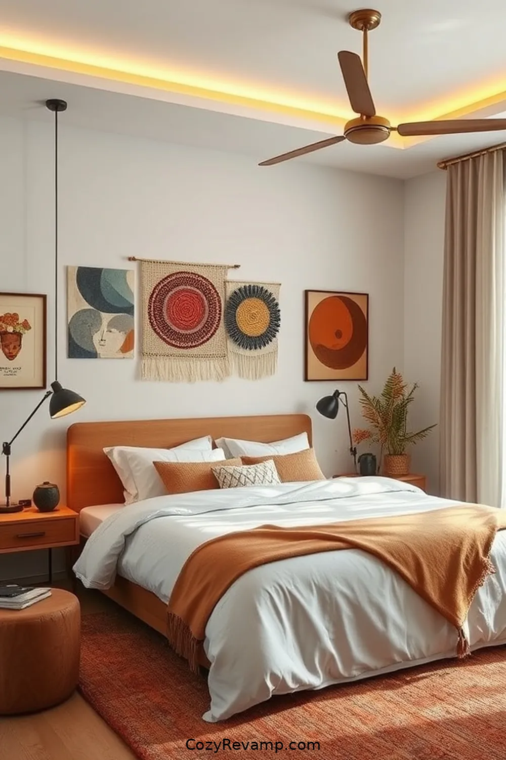 Artful Wall Hangings for 23 Essential Elements for Mid-Century Modern Bedrooms With Solar-Powered Lights
