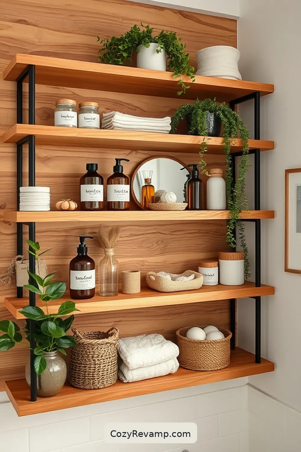 23 Essential Elements for a Rustic Bathroom With Natural Fibers and Materials 9 Cedar Wood Shelving for 23 Essential Elements for a Rustic Bathroom With Natural Fibers and Materials