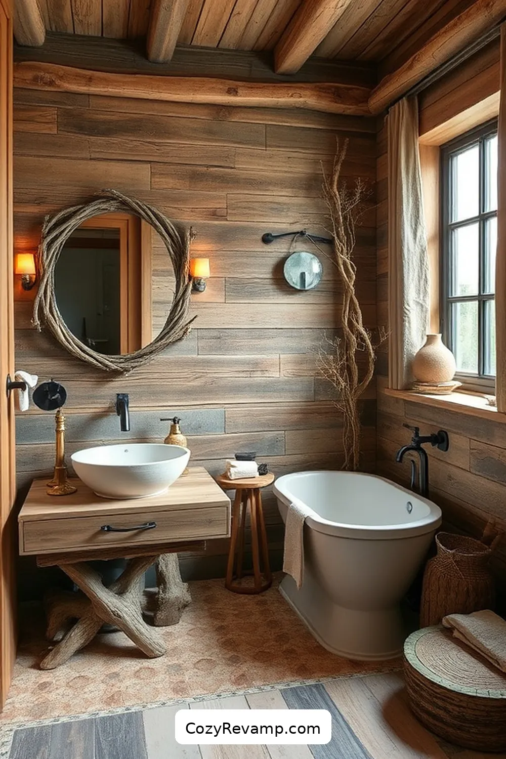 23 Essential Elements for a Rustic Bathroom With Natural Fibers and Materials 7 Driftwood Accents for 23 Essential Elements for a Rustic Bathroom With Natural Fibers and Materials