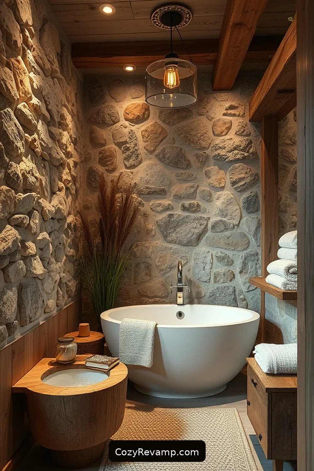 23 Essential Elements for a Rustic Bathroom With Natural Fibers and Materials 12 Stone Wall Treatments for 23 Essential Elements for a Rustic Bathroom With Natural Fibers and Materials