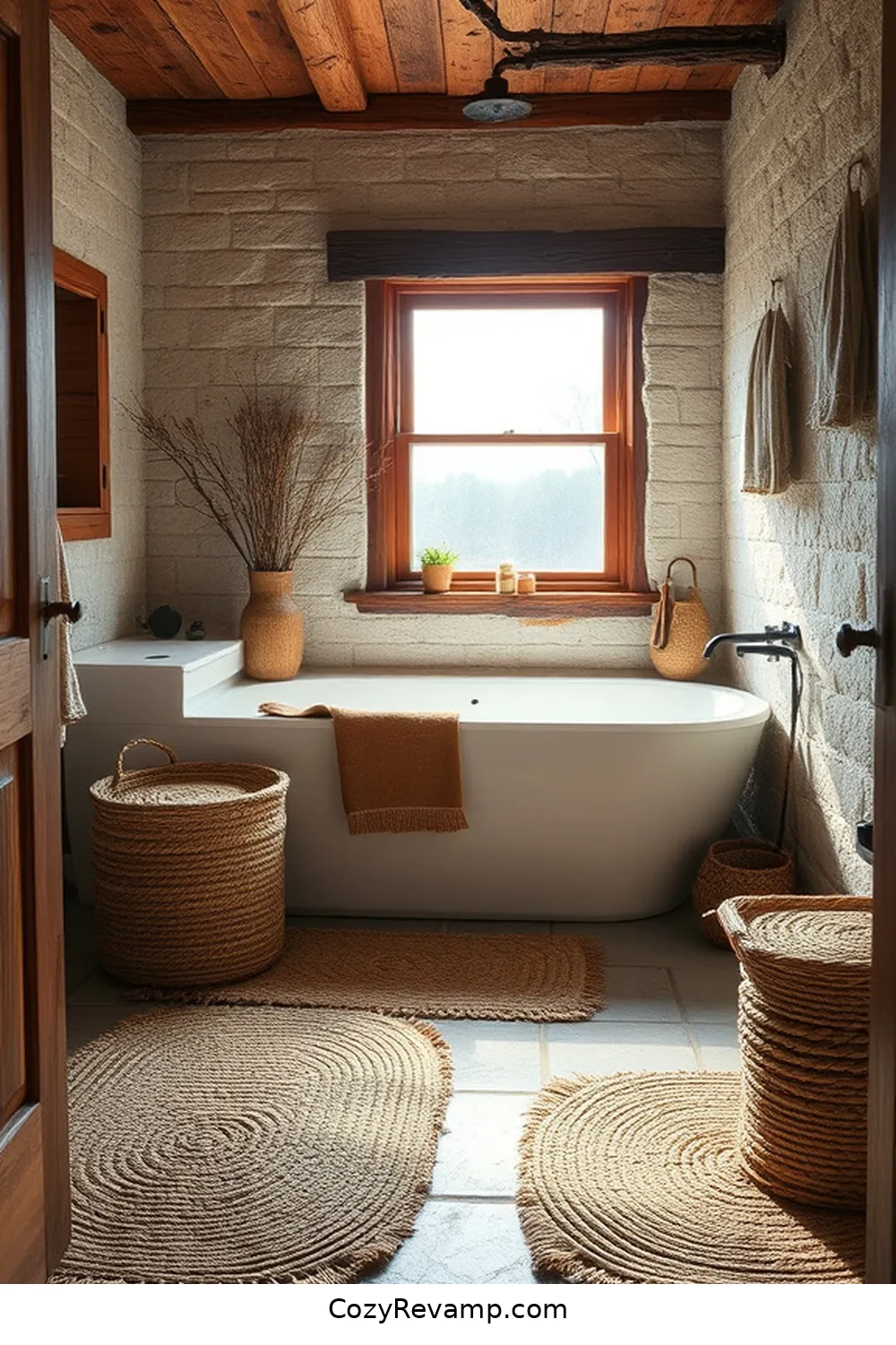 23 Essential Elements for a Rustic Bathroom With Natural Fibers and Materials 5 Woven Jute Rugs for 23 Essential Elements for a Rustic Bathroom With Natural Fibers and Materials
