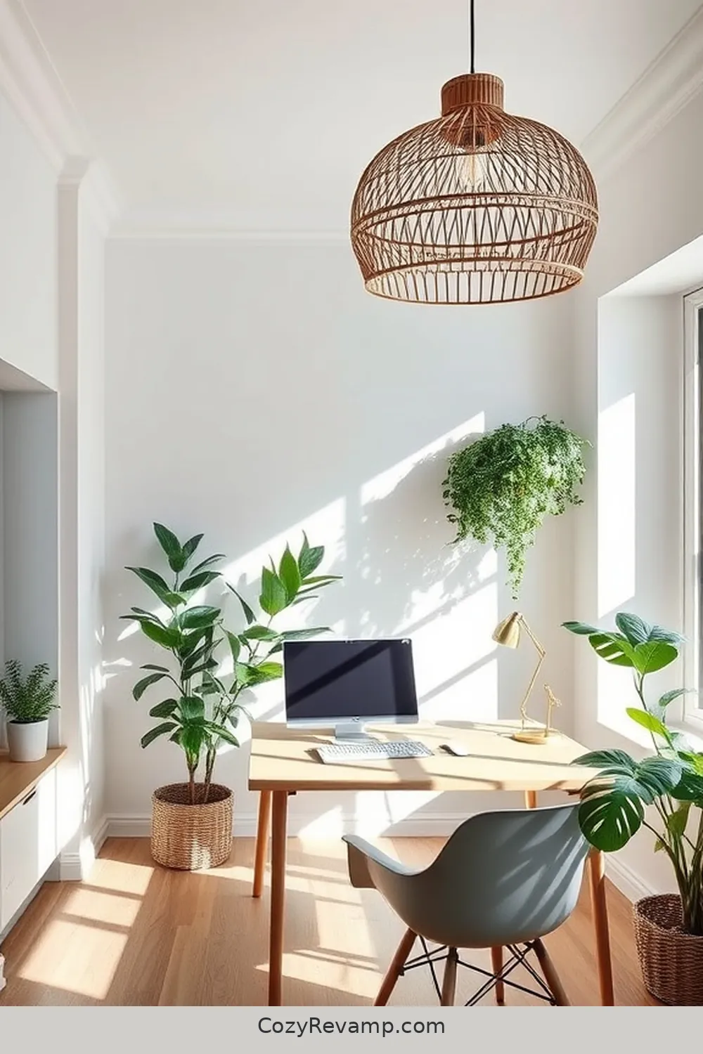 Rattan Light Fixtures for 23 Essential Elements of a Scandinavian Home Office Featuring Natural Fibers