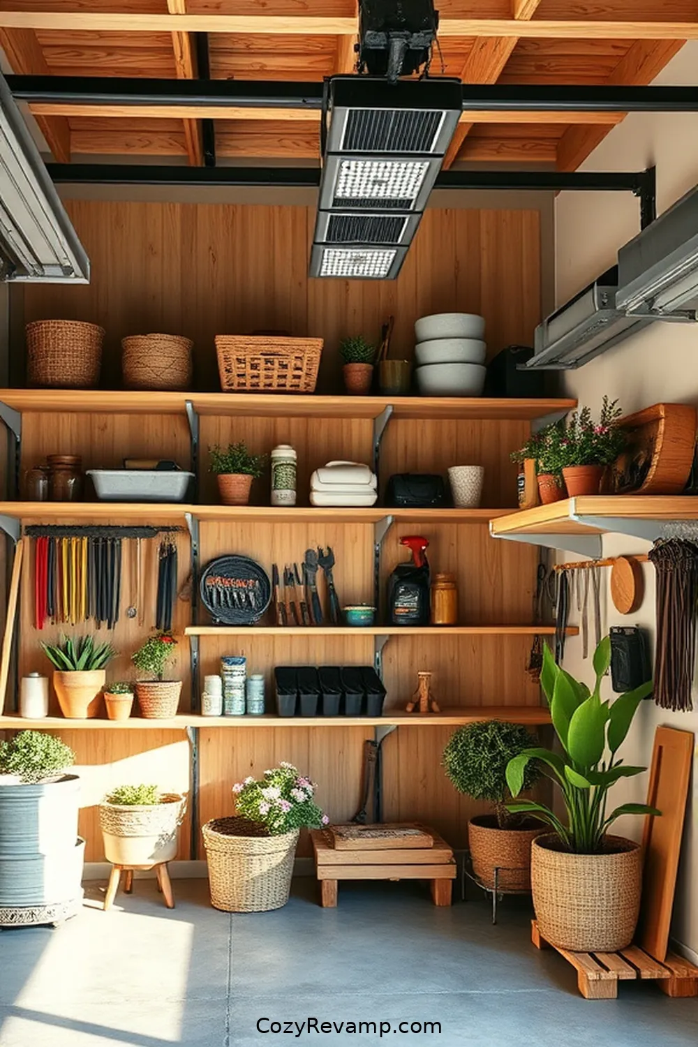 Storage Shelving for 23 Essential Materials for a Modern Farmhouse Garage With Solar-Powered Lights