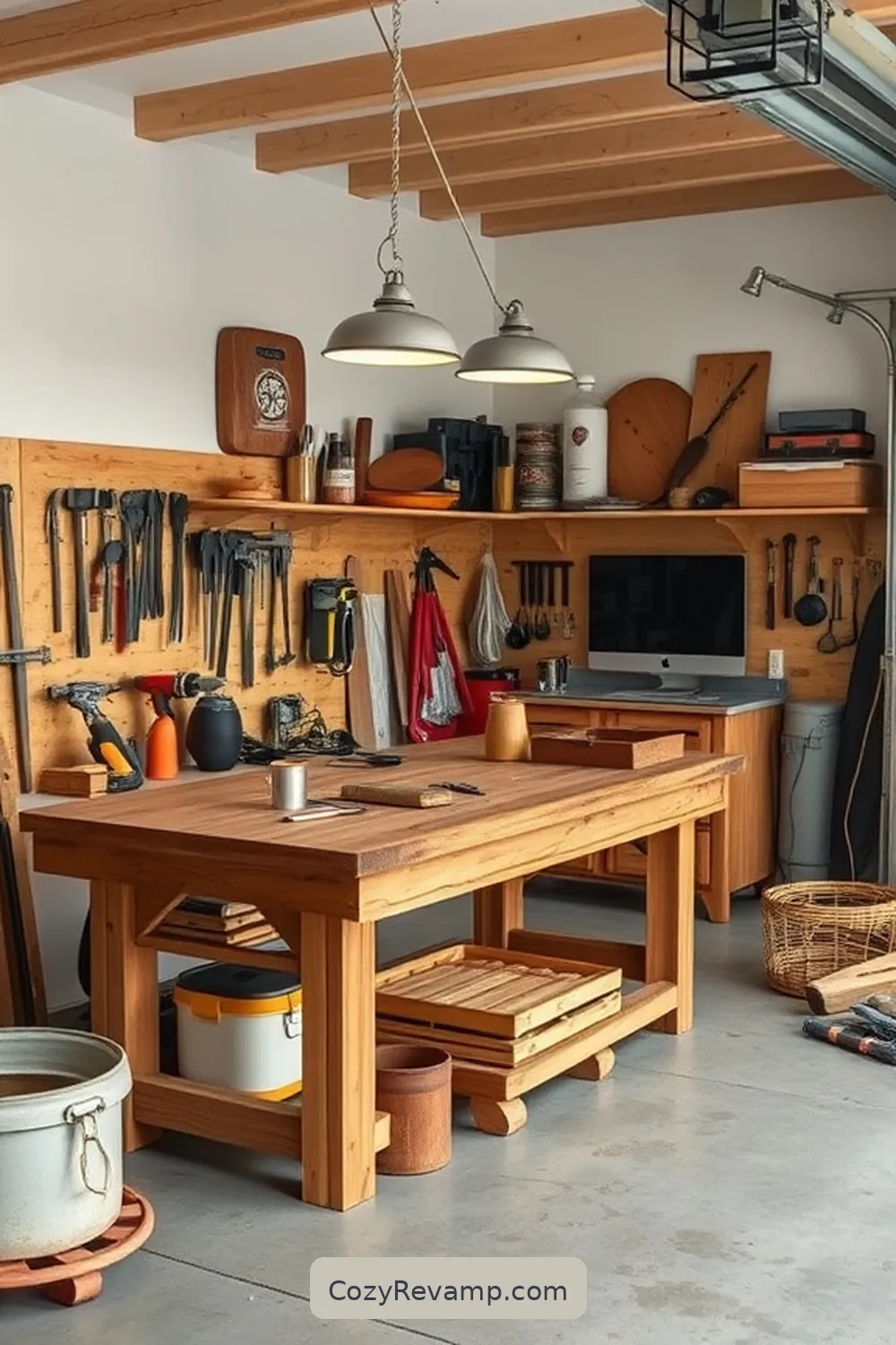 Workbenches for 23 Essential Materials for a Modern Farmhouse Garage With Solar-Powered Lights