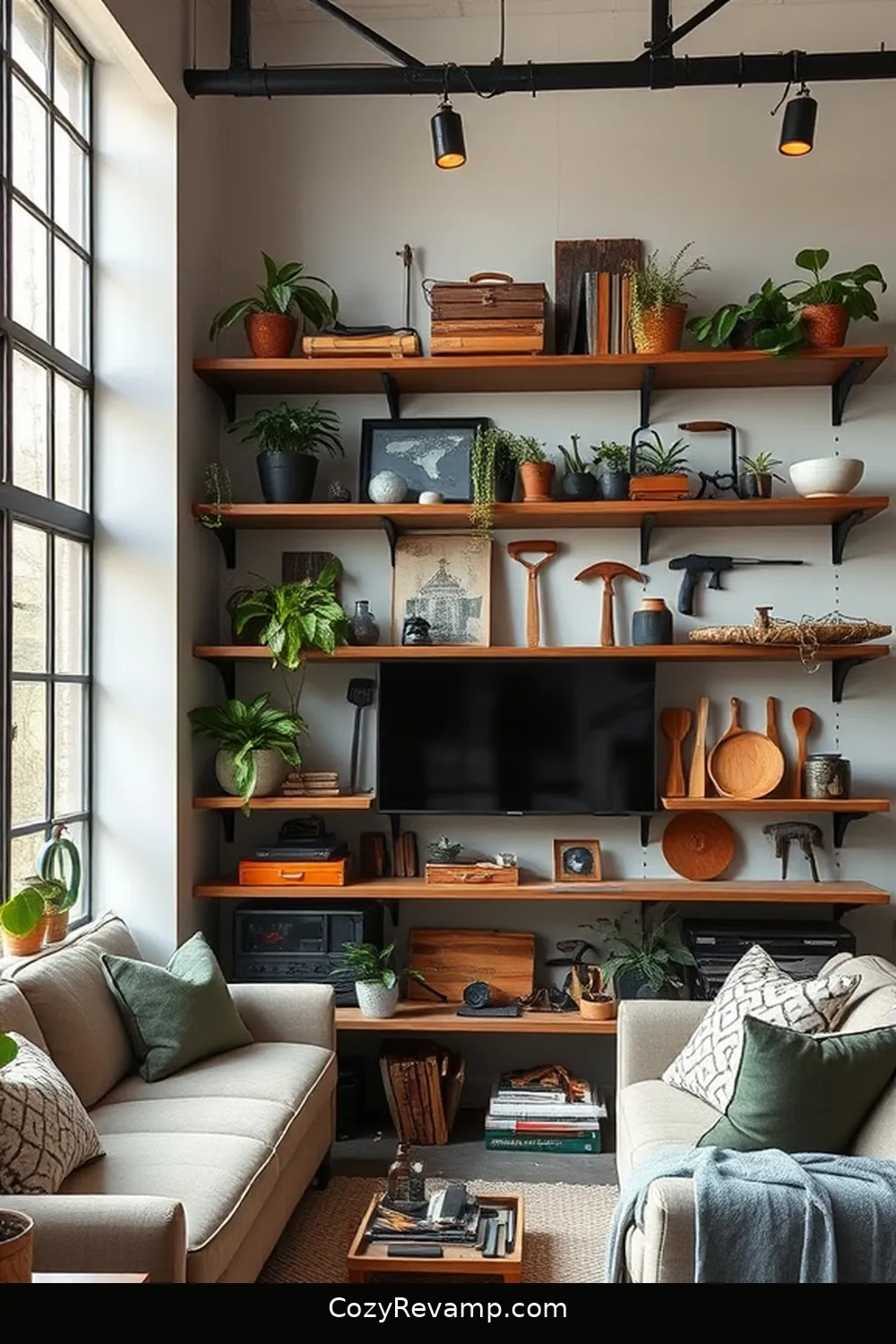 23 Essential Materials for an Industrial Living Room With Solar Powered Lights 15 Open Shelving for 23 Essential Materials for an Industrial Living Room With Solar Powered Lights