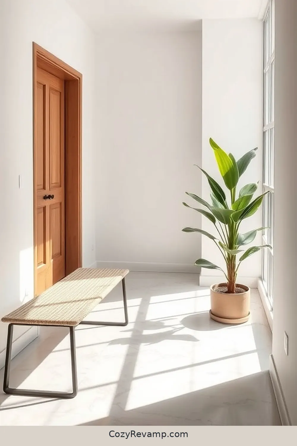 Consider a Minimalist Bench for 23 Essential Tips for a Minimalist Entryway Featuring Natural Fibers