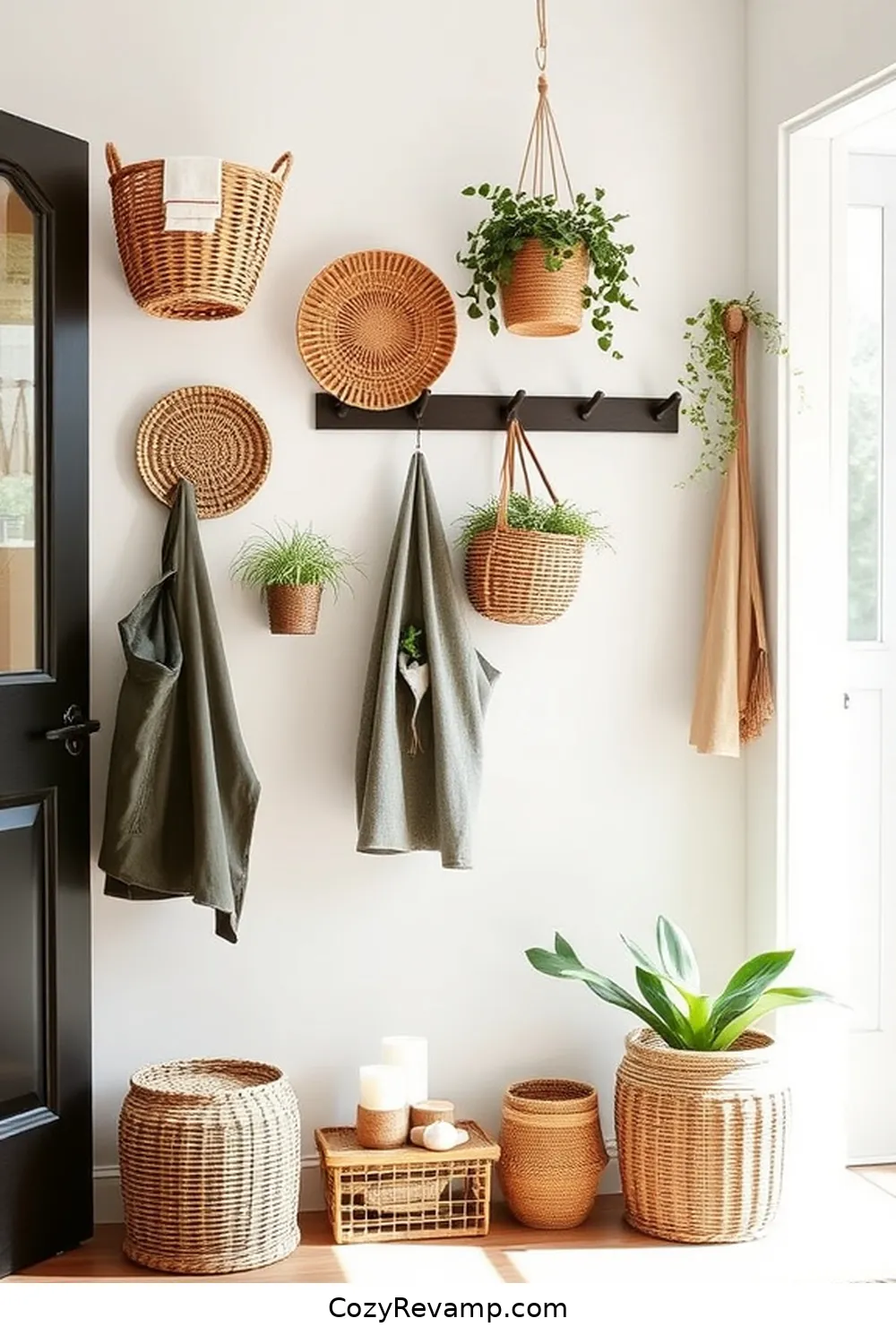 Optimize Space With Vertical Storage for 23 Essential Tips for a Minimalist Entryway Featuring Natural Fibers
