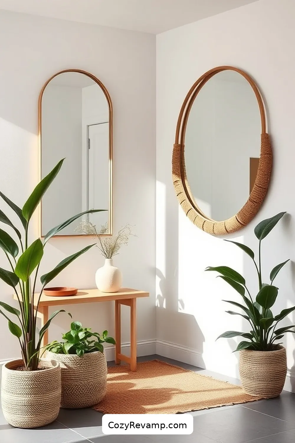 Use Mirrors to Create Depth for 23 Essential Tips for a Minimalist Entryway Featuring Natural Fibers